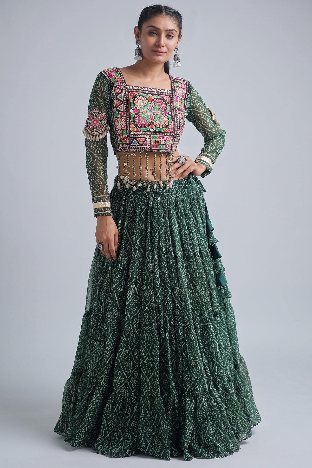 Green Georgette Kachchi Mirror Worked Chaniya Choli Main image