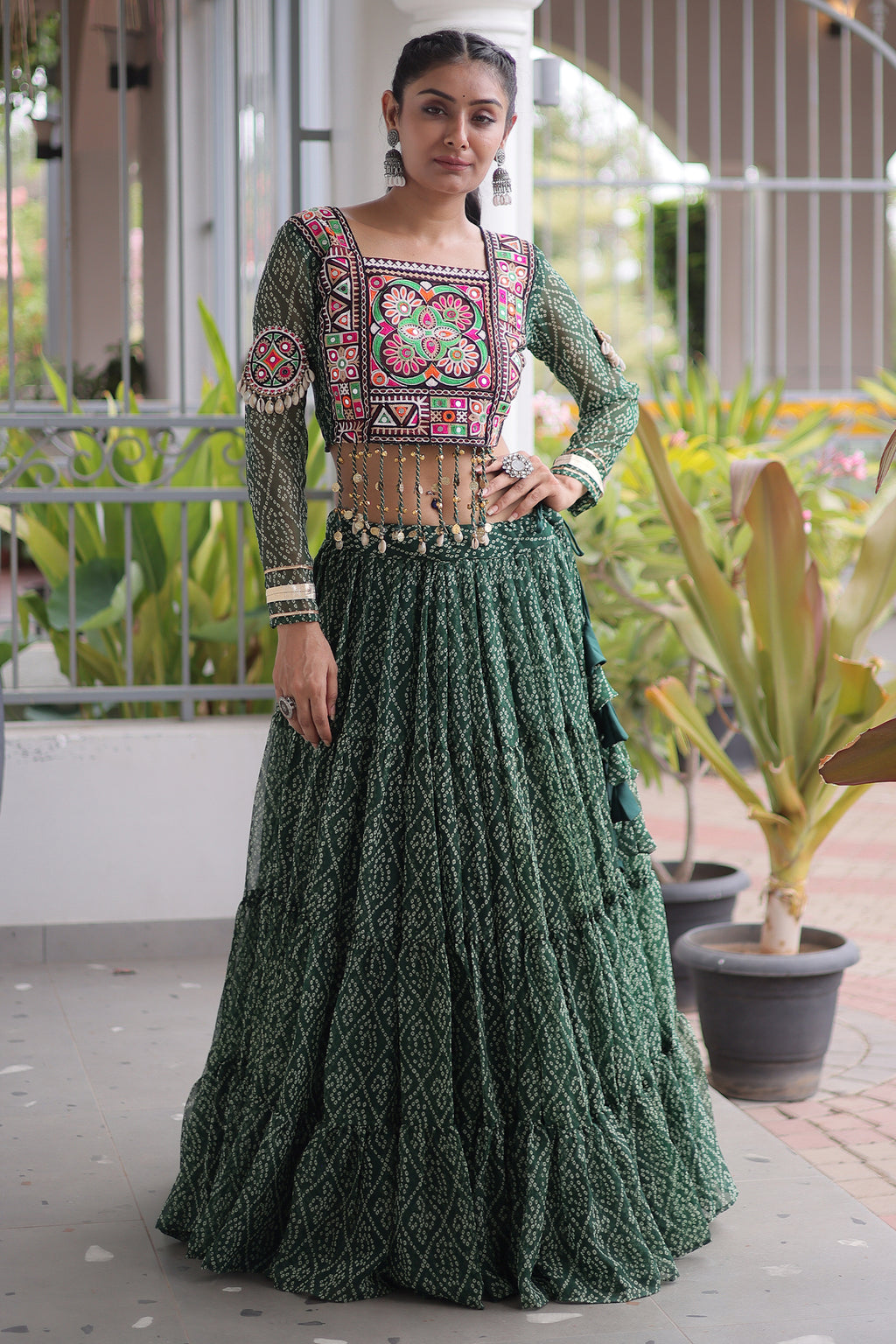 Green Georgette Kachchi Mirror Worked Chaniya Choli