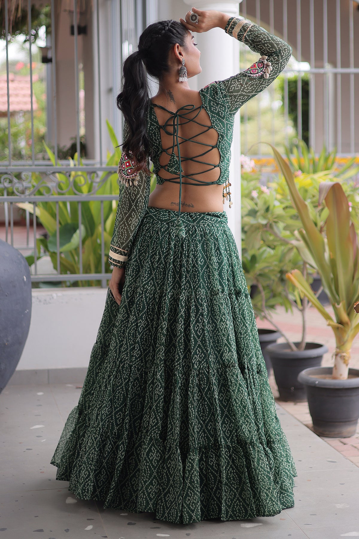 Green Georgette Kachchi Mirror Worked Chaniya Choli