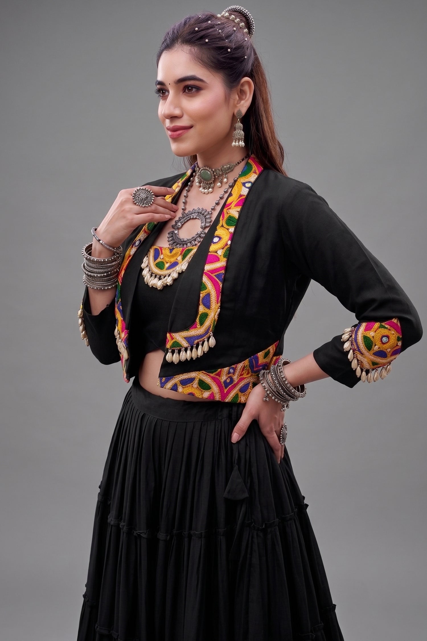 Black Rayon Kachchi Worked Chaniya Choli with Jacket