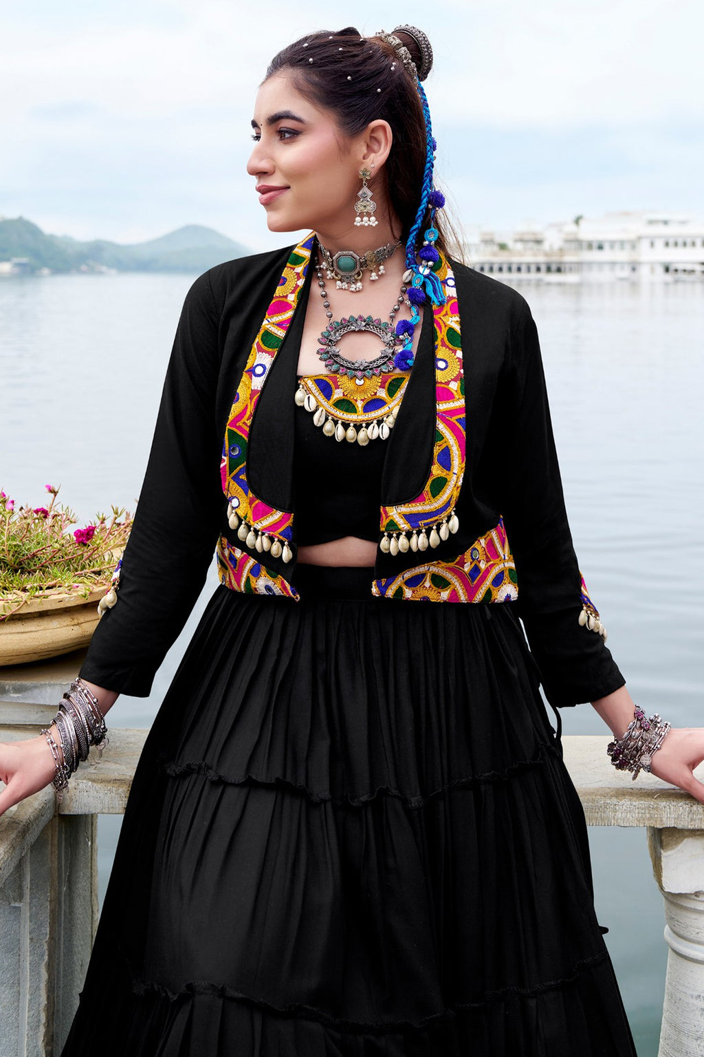 Black Rayon Kachchi Worked Chaniya Choli with Jacket
