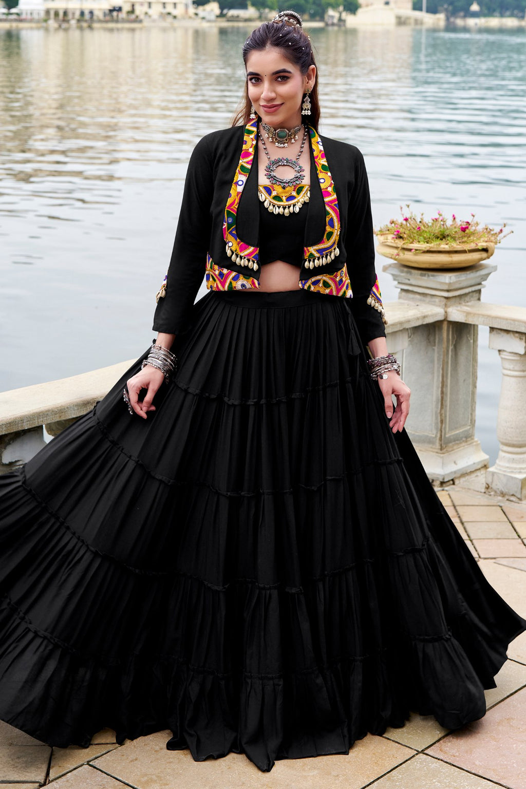 Black Rayon Kachchi Worked Chaniya Choli with Jacket