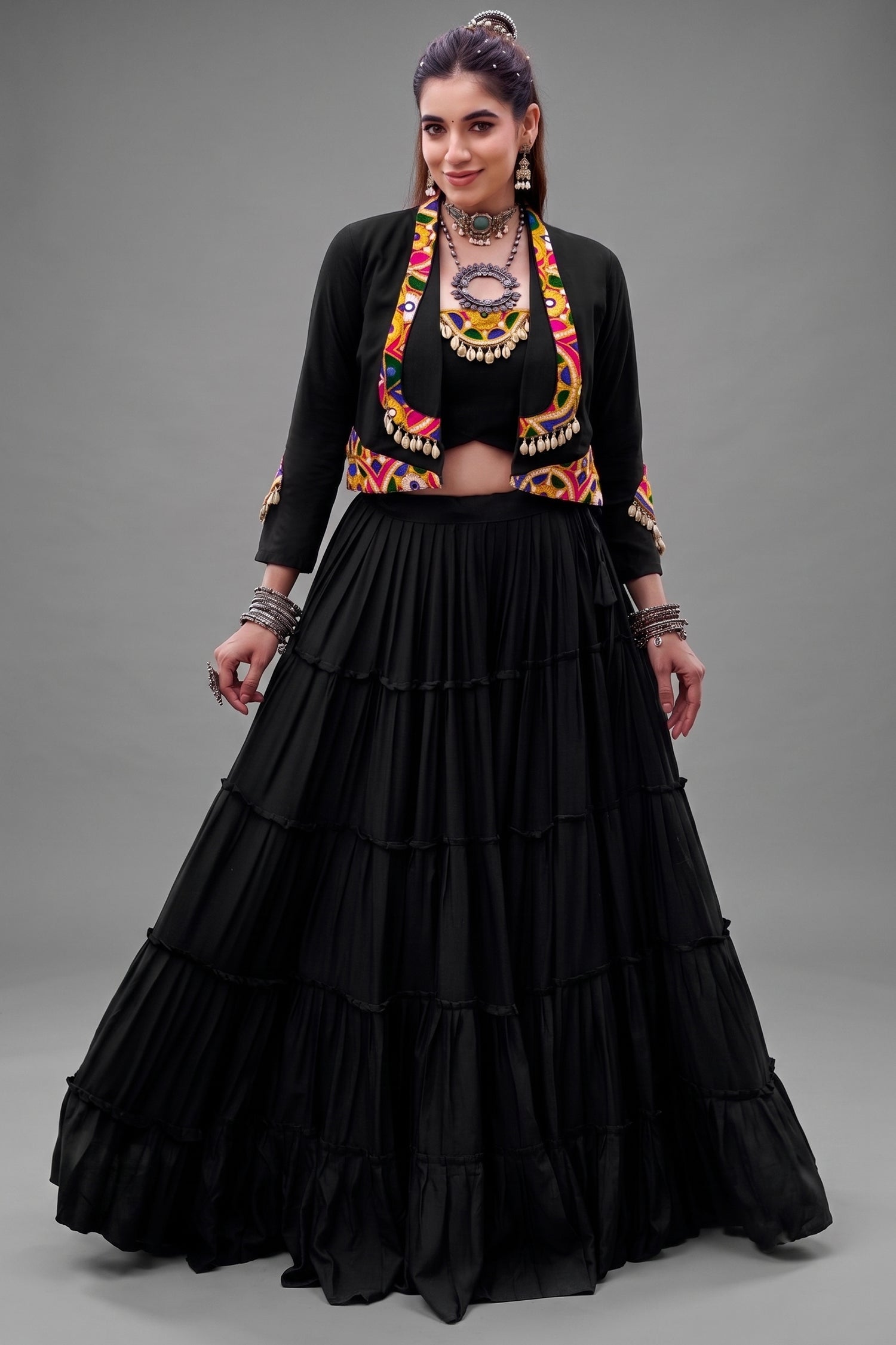 Black Rayon Kachchi Worked Chaniya Choli with Jacket Main image
