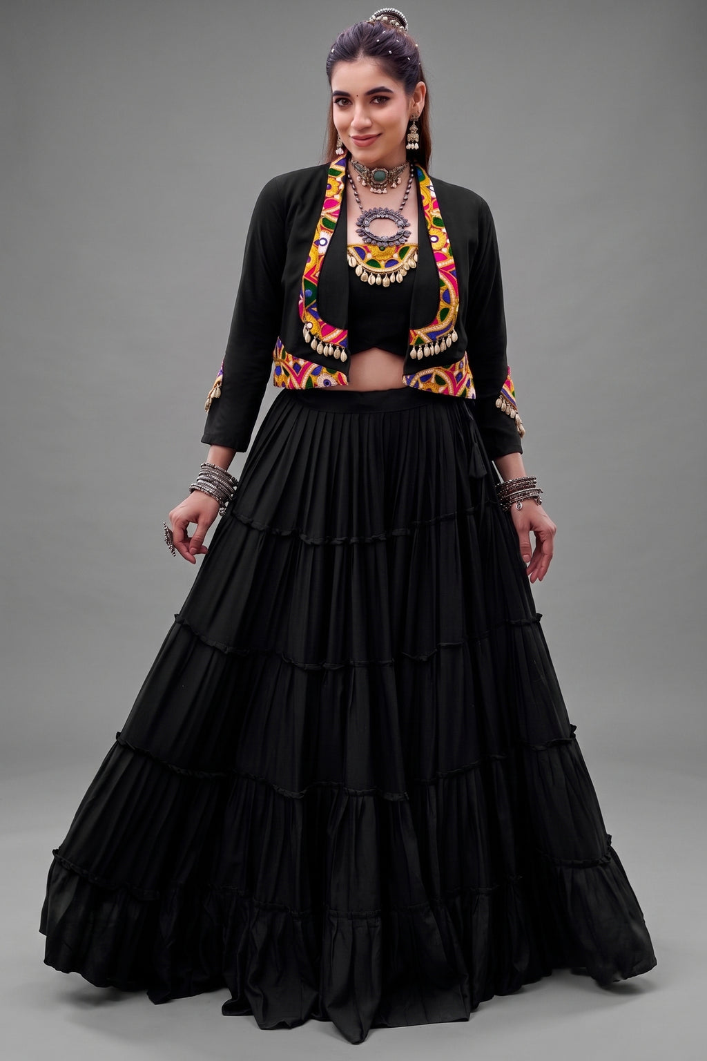 Black Rayon Kachchi Worked Chaniya Choli with Jacket