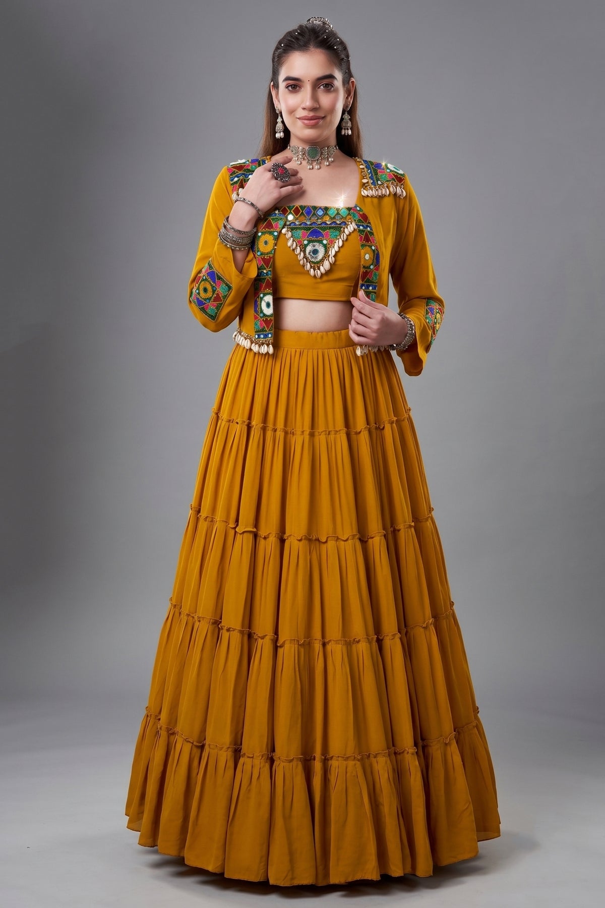 Mustard Rayon Kachchi Worked Chaniya Choli with Jacket Main image