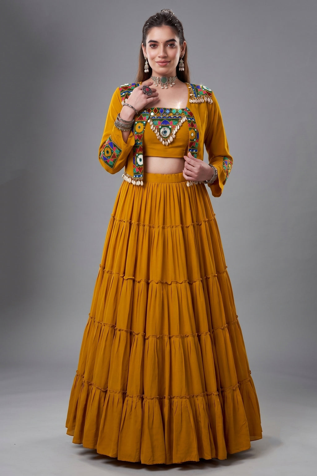 Mustard Rayon Kachchi Worked Chaniya Choli with Jacket