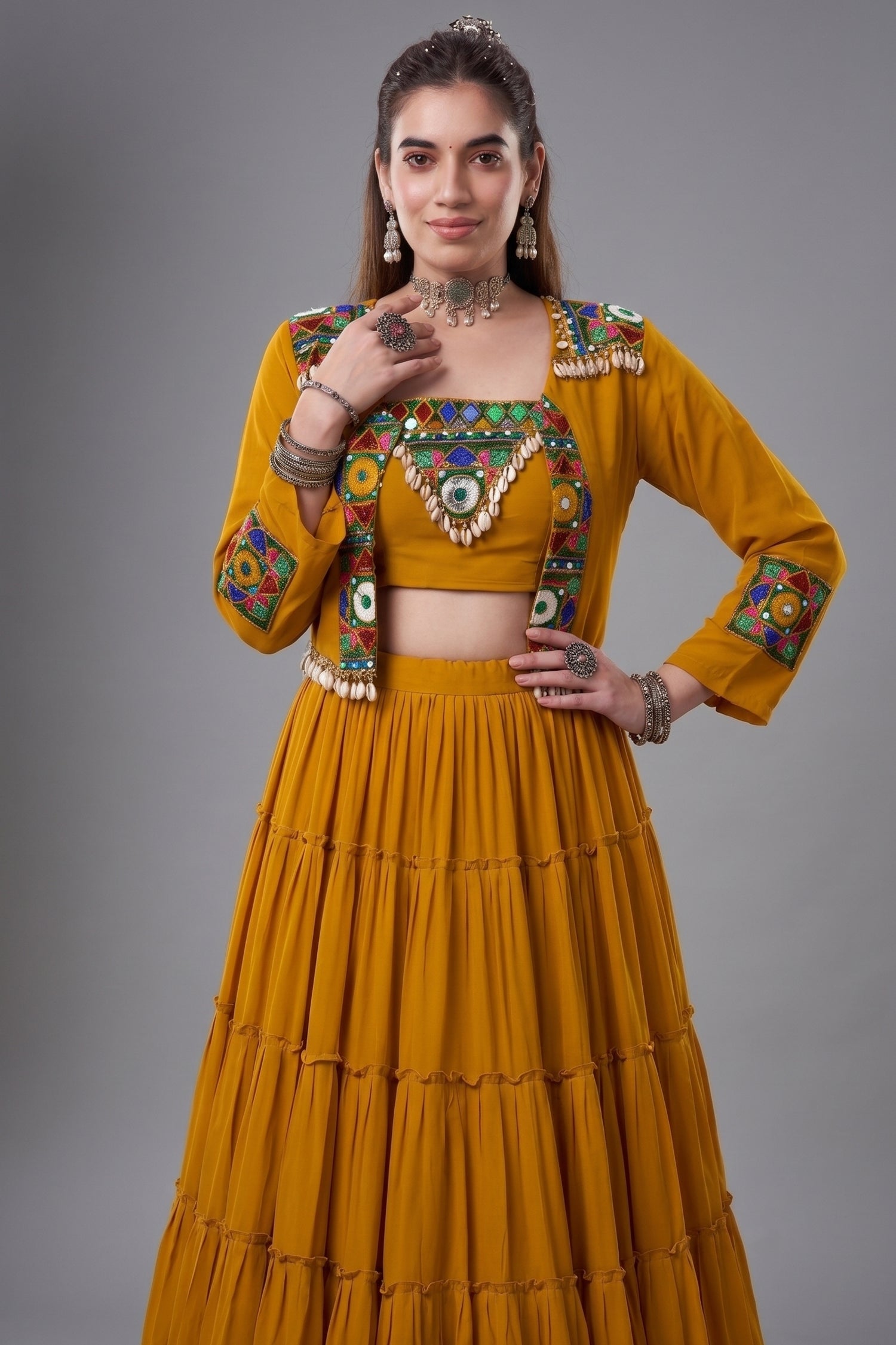 Mustard Rayon Kachchi Worked Chaniya Choli with Jacket Secondary image