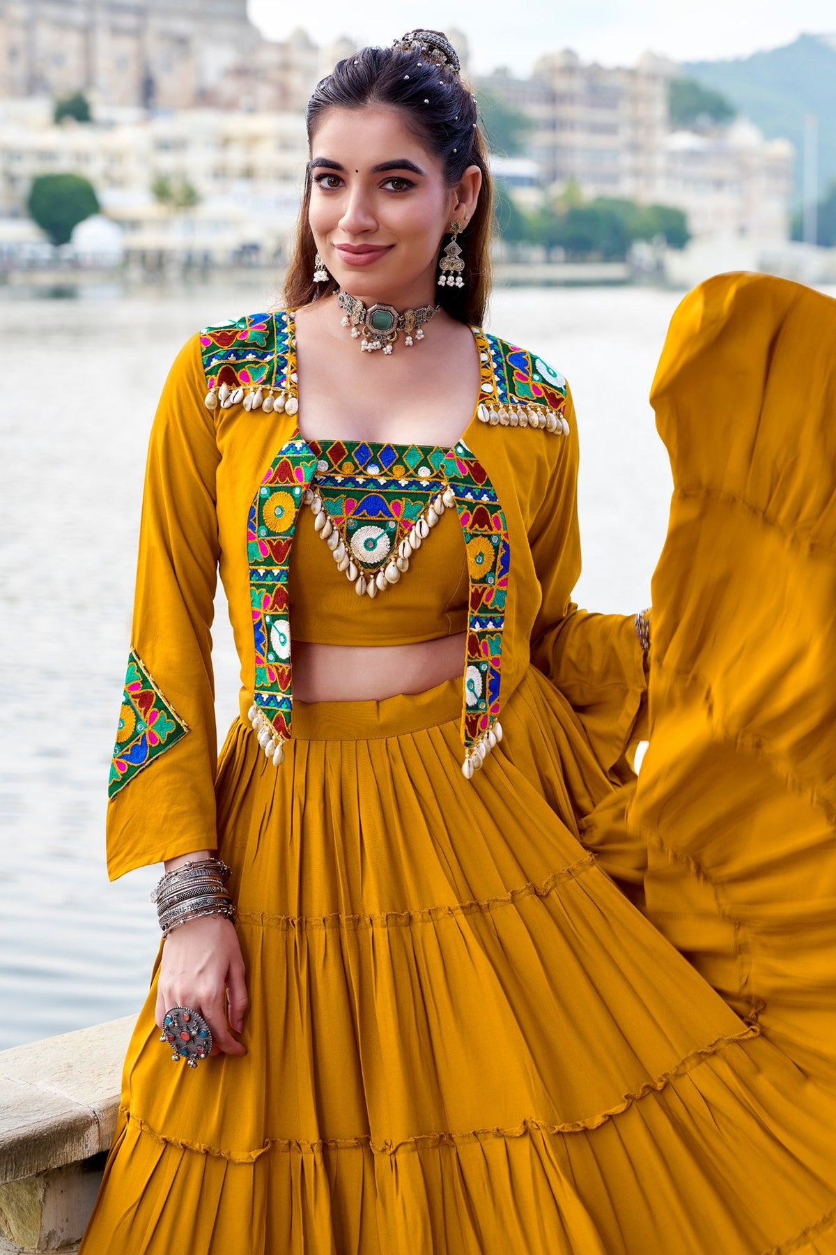 Mustard Rayon Kachchi Worked Chaniya Choli with Jacket