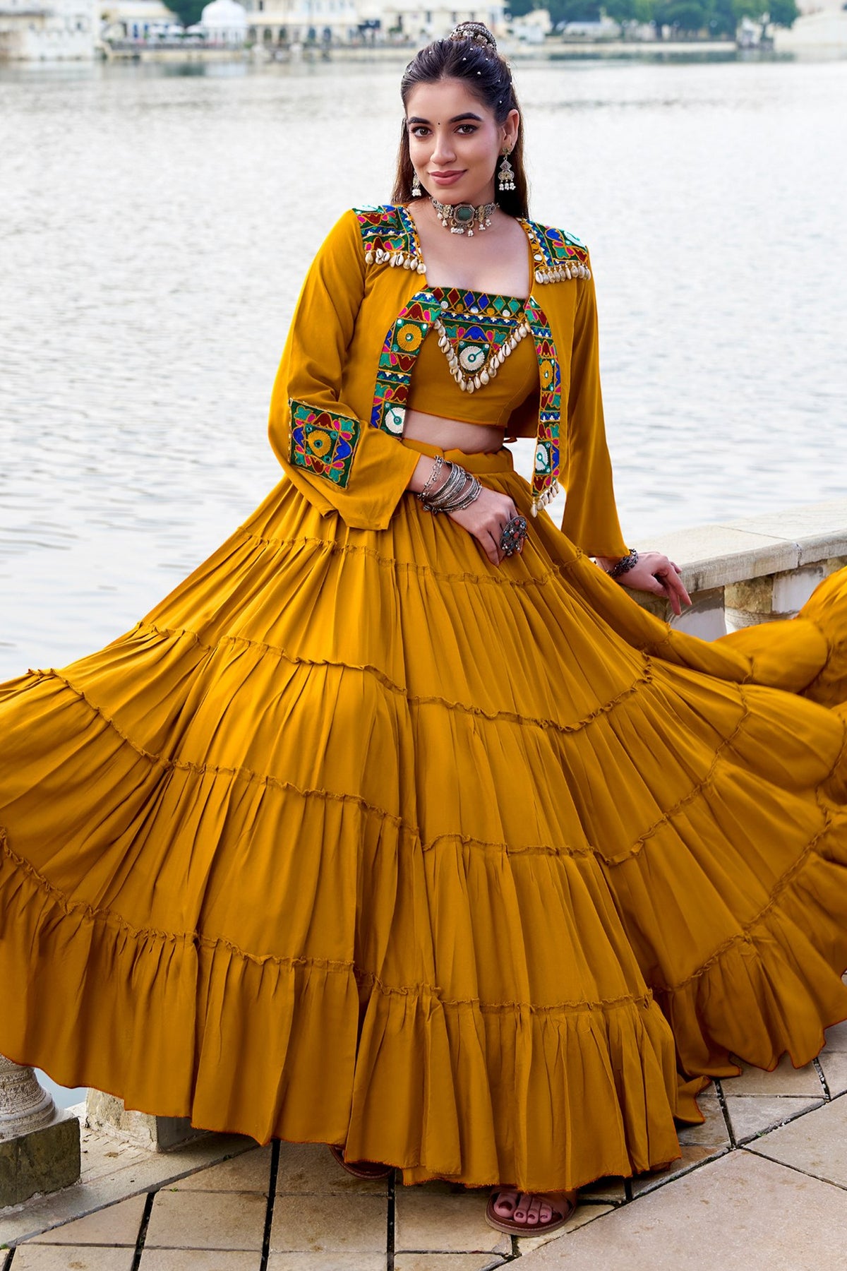 Mustard Rayon Kachchi Worked Chaniya Choli with Jacket