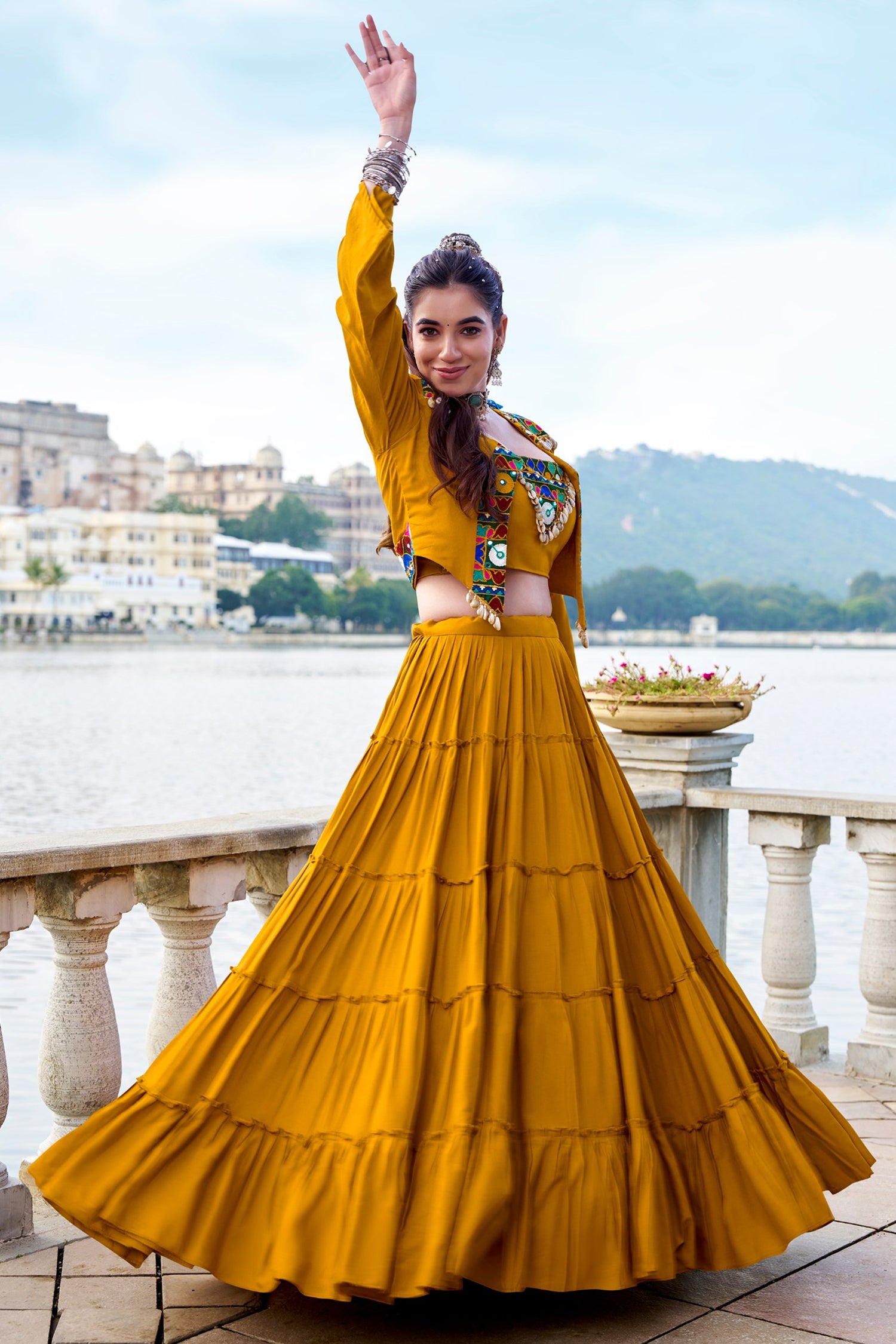 Mustard Rayon Kachchi Worked Chaniya Choli with Jacket