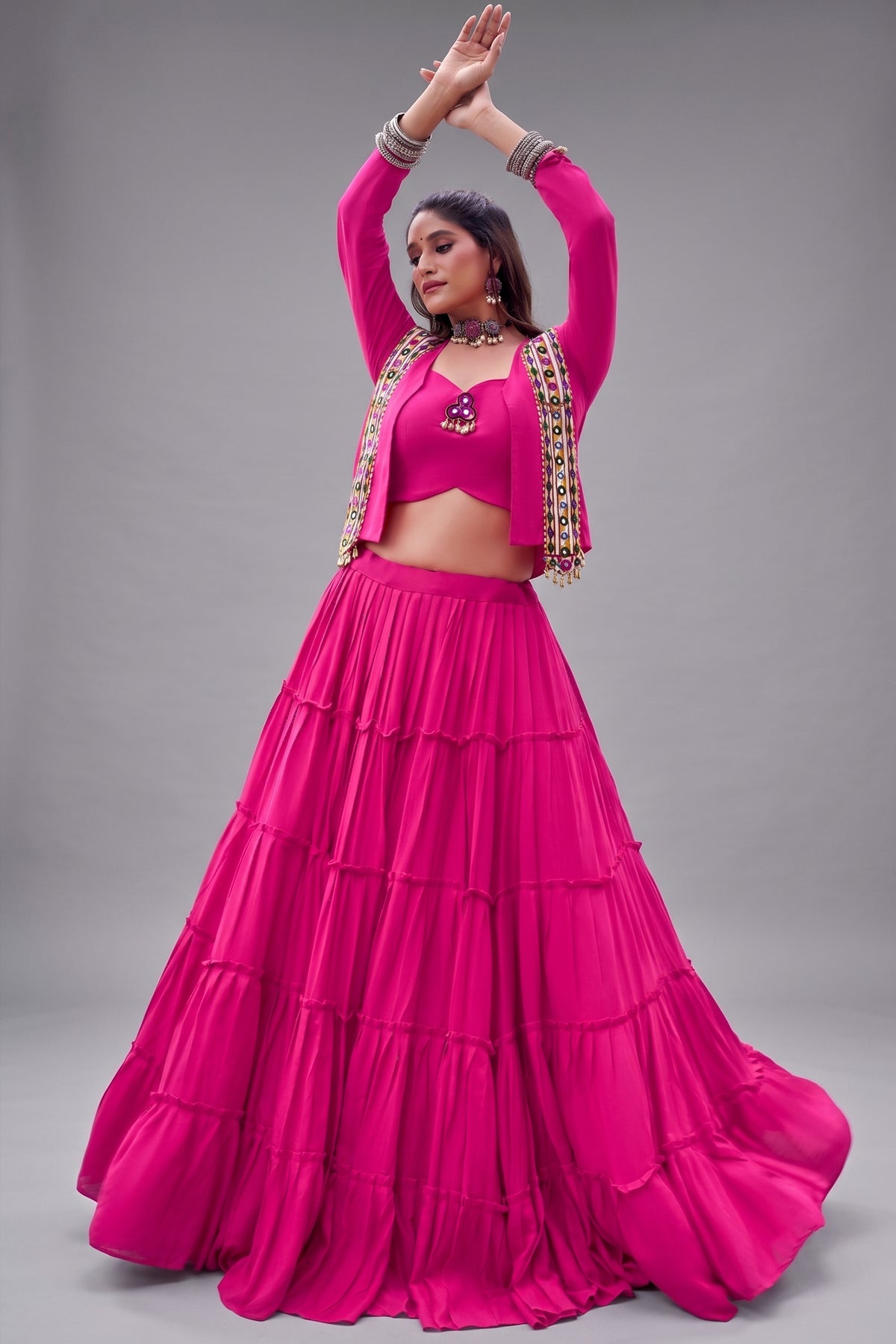 Pink Rayon Kachchi Worked Chaniya Choli with Jacket Main image