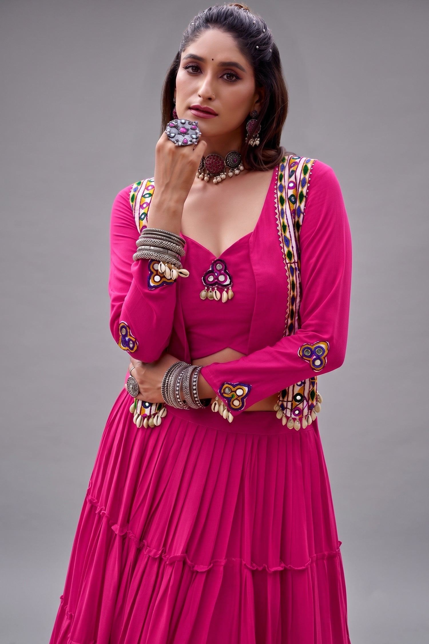 Pink Rayon Kachchi Worked Chaniya Choli with Jacket Secondary image