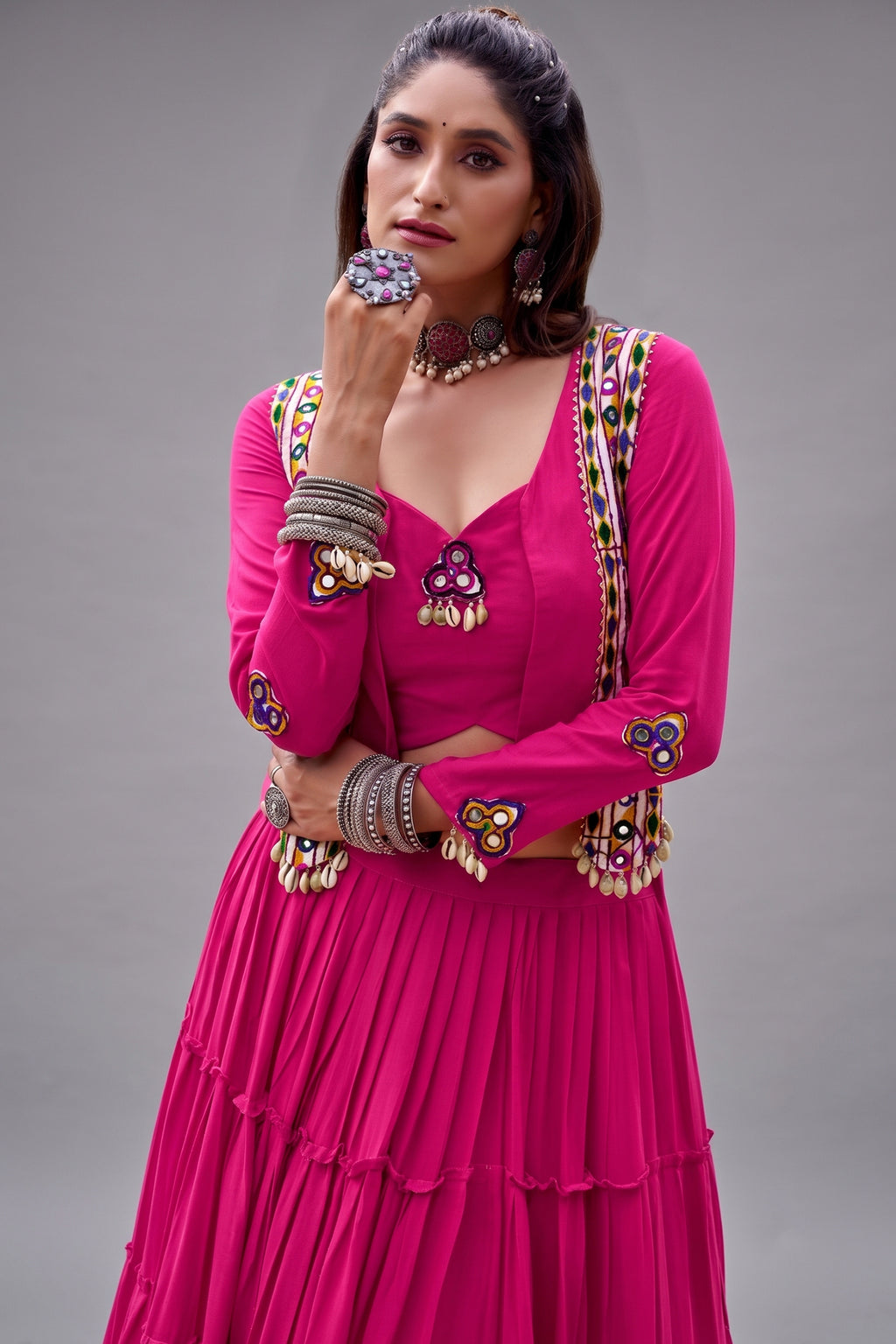 Pink Rayon Kachchi Worked Chaniya Choli with Jacket