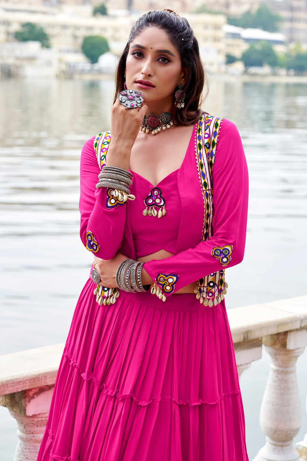 Pink Rayon Kachchi Worked Chaniya Choli with Jacket