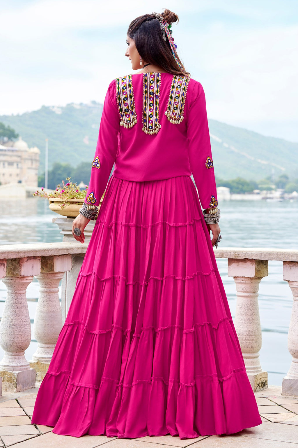 Pink Rayon Kachchi Worked Chaniya Choli with Jacket