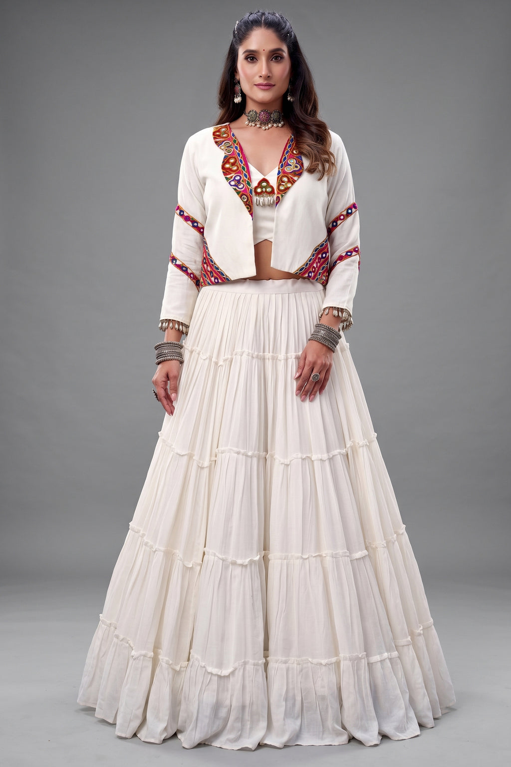 Off White Rayon Kachchi Worked Chaniya Choli with Jacket
