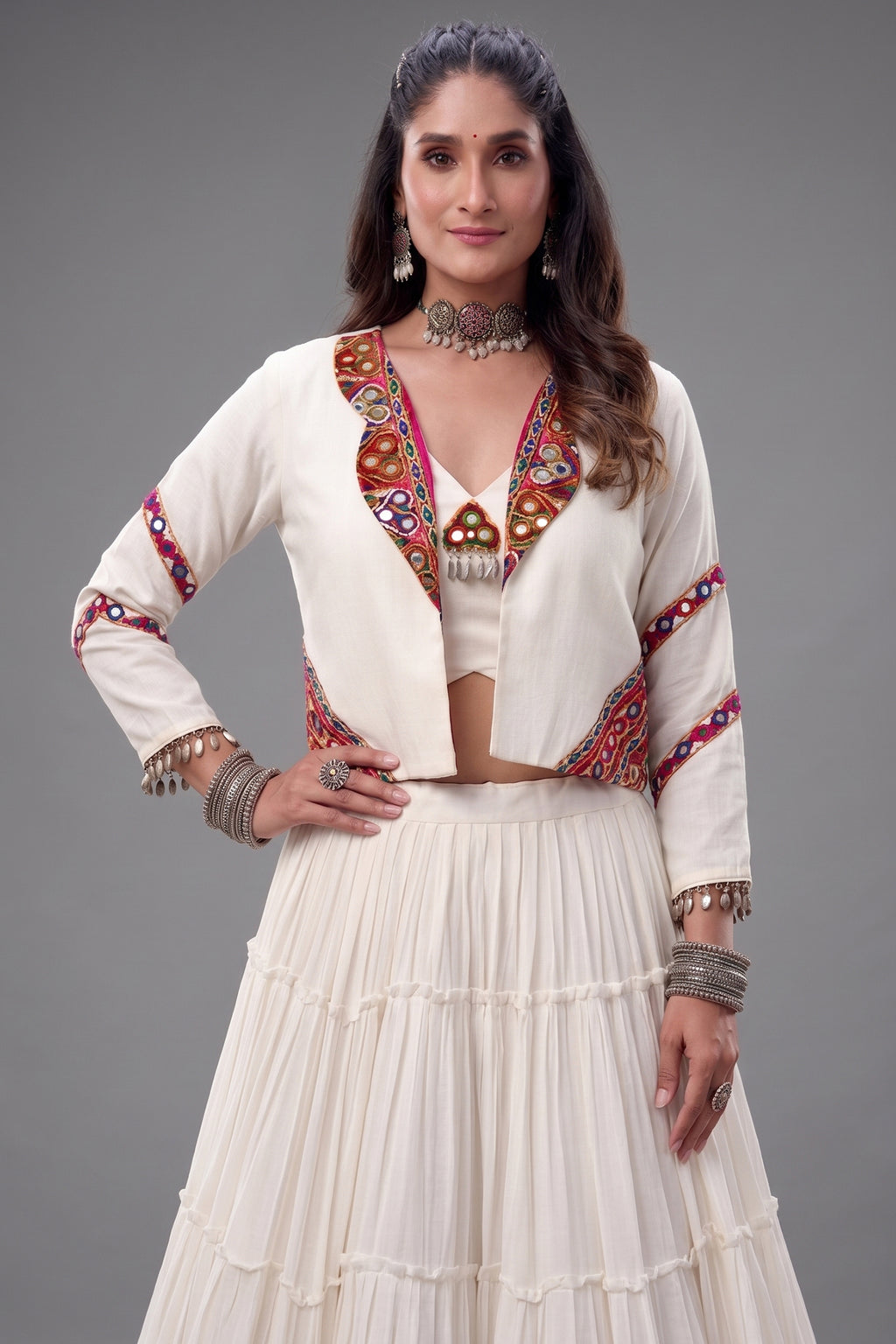 Off White Rayon Kachchi Worked Chaniya Choli with Jacket
