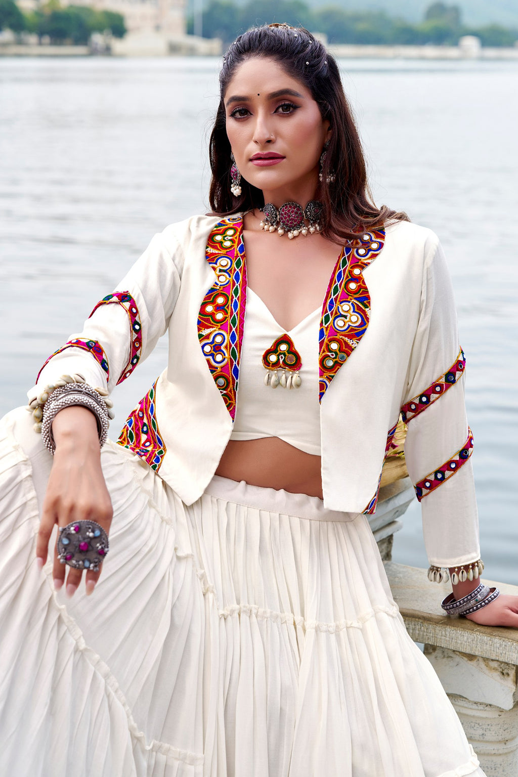 Off White Rayon Kachchi Worked Chaniya Choli with Jacket