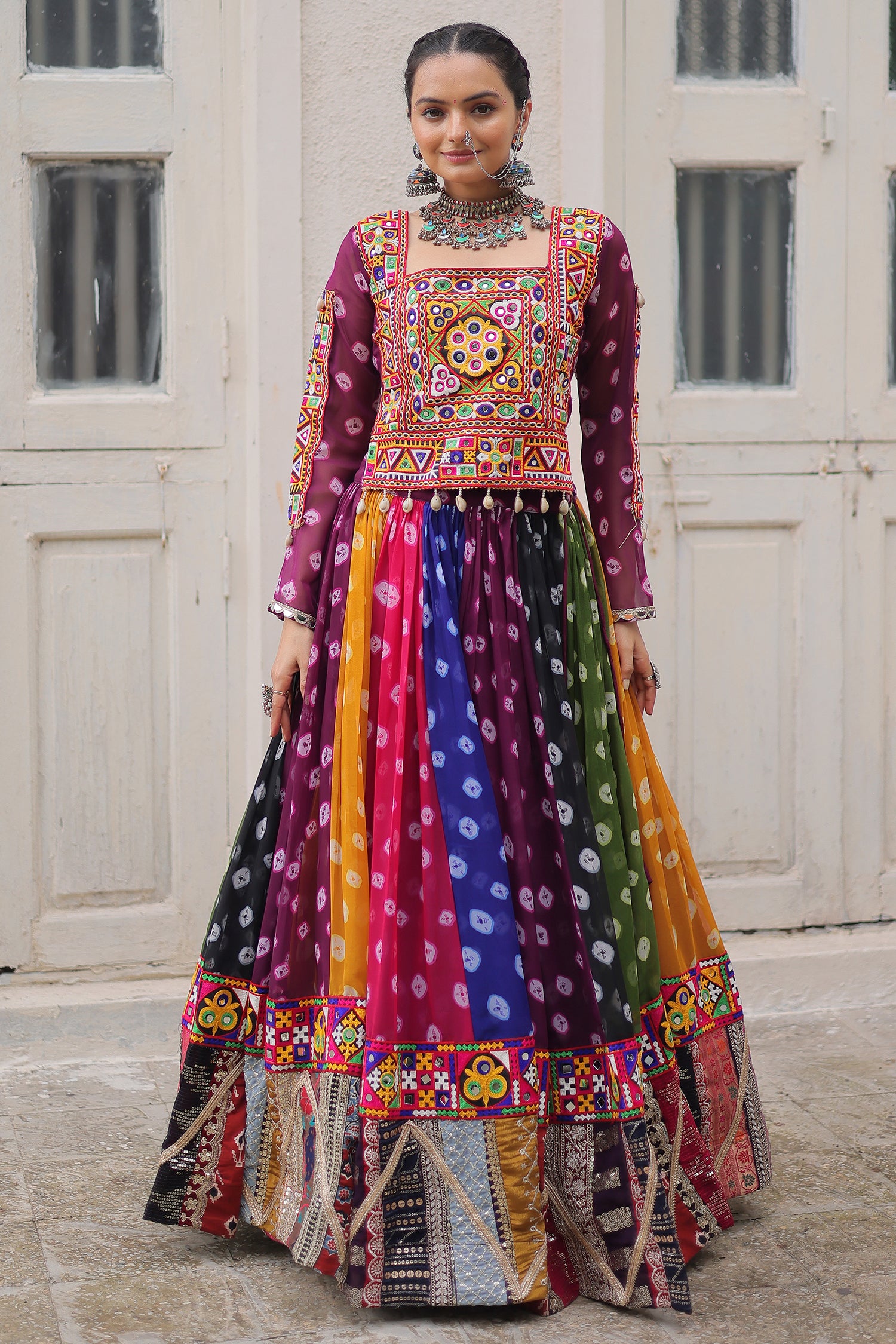 Multi Georgette Printed Chaniya Choli with Kachchi Work