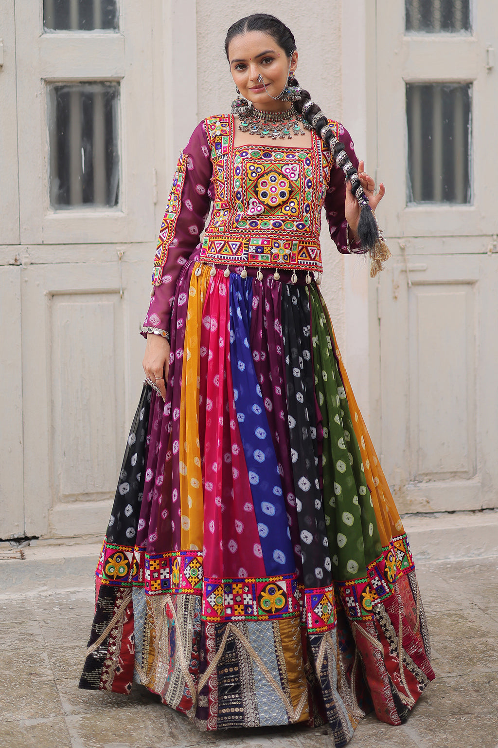 Multi Georgette Printed Chaniya Choli with Kachchi Work
