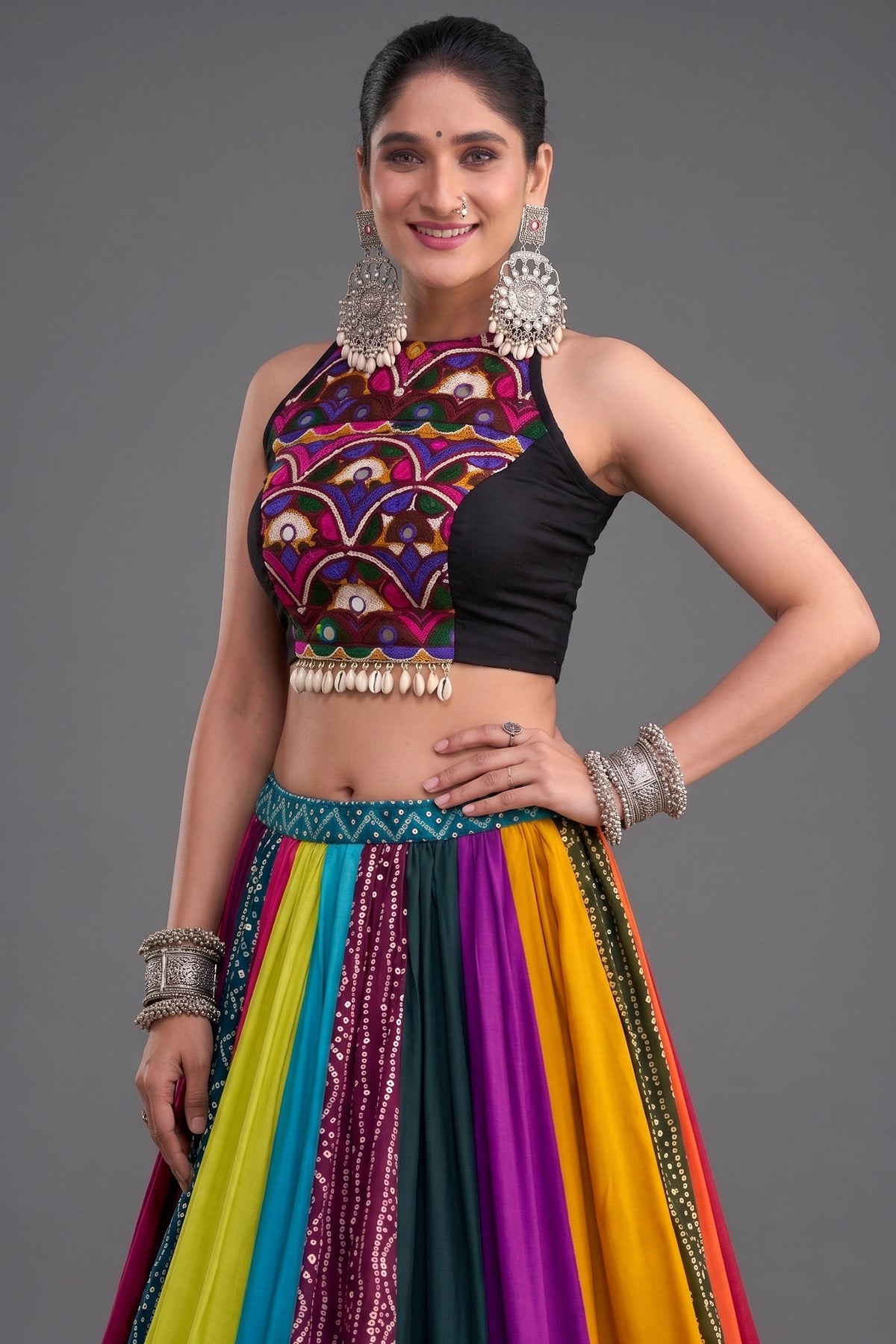 Multi Colored Rayon Kachchi Worked Chaniya Choli