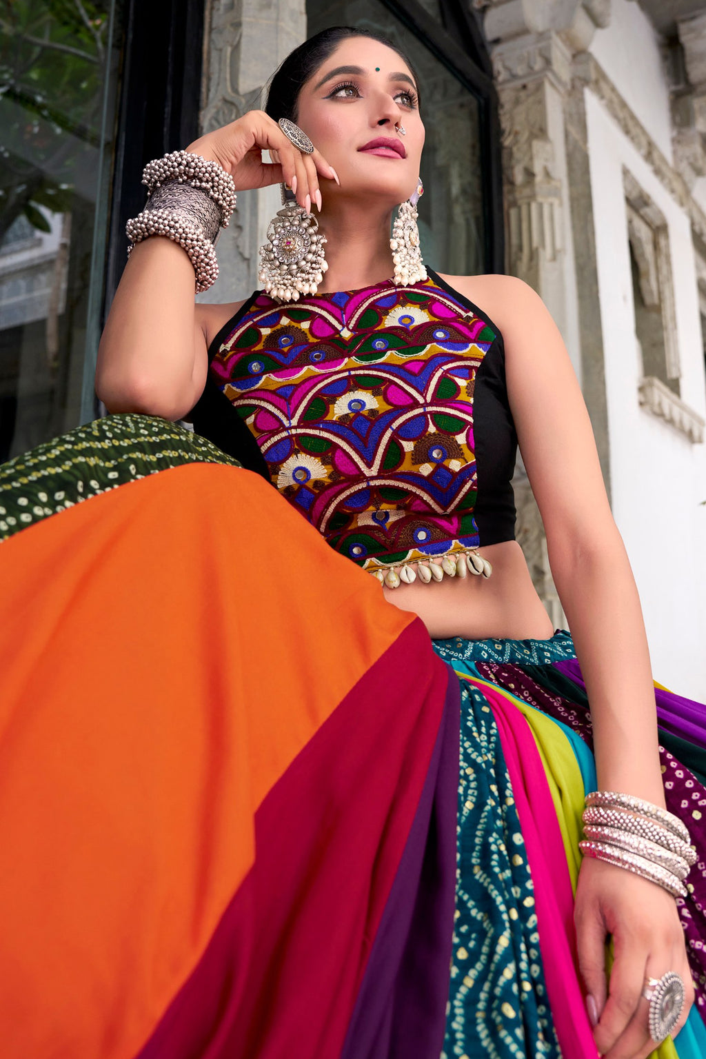 Multi Colored Rayon Kachchi Worked Chaniya Choli