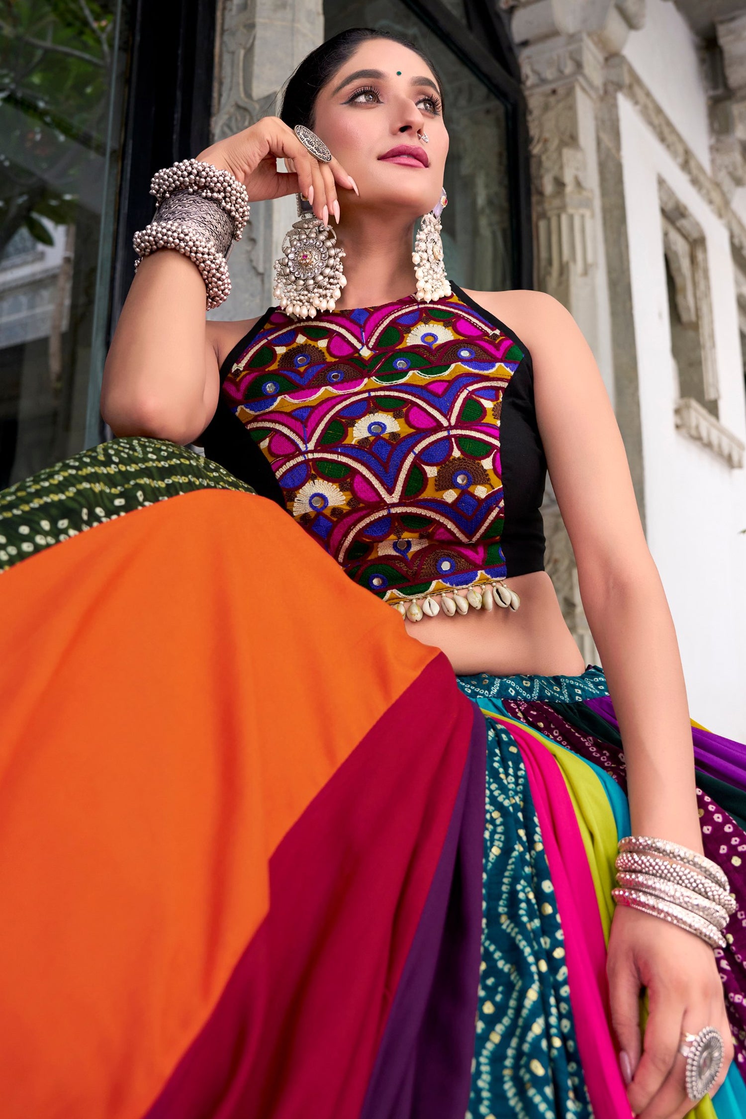 Multi Colored Rayon Kachchi Worked Chaniya Choli
