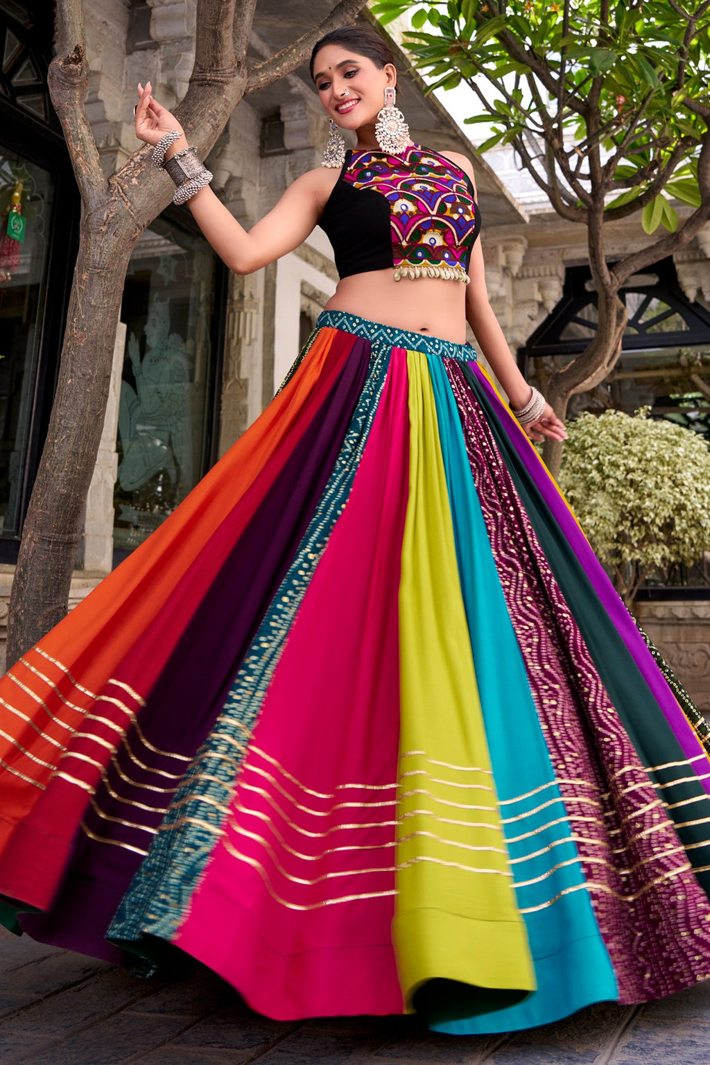 Multi Colored Rayon Kachchi Worked Chaniya Choli