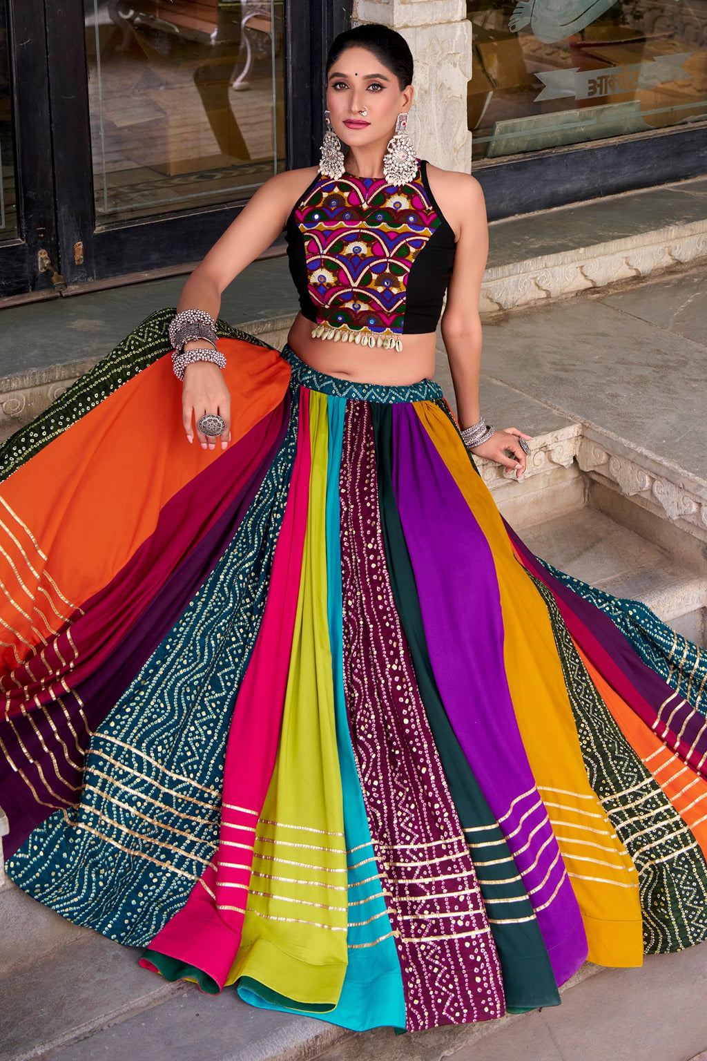 Multi Colored Rayon Kachchi Worked Chaniya Choli