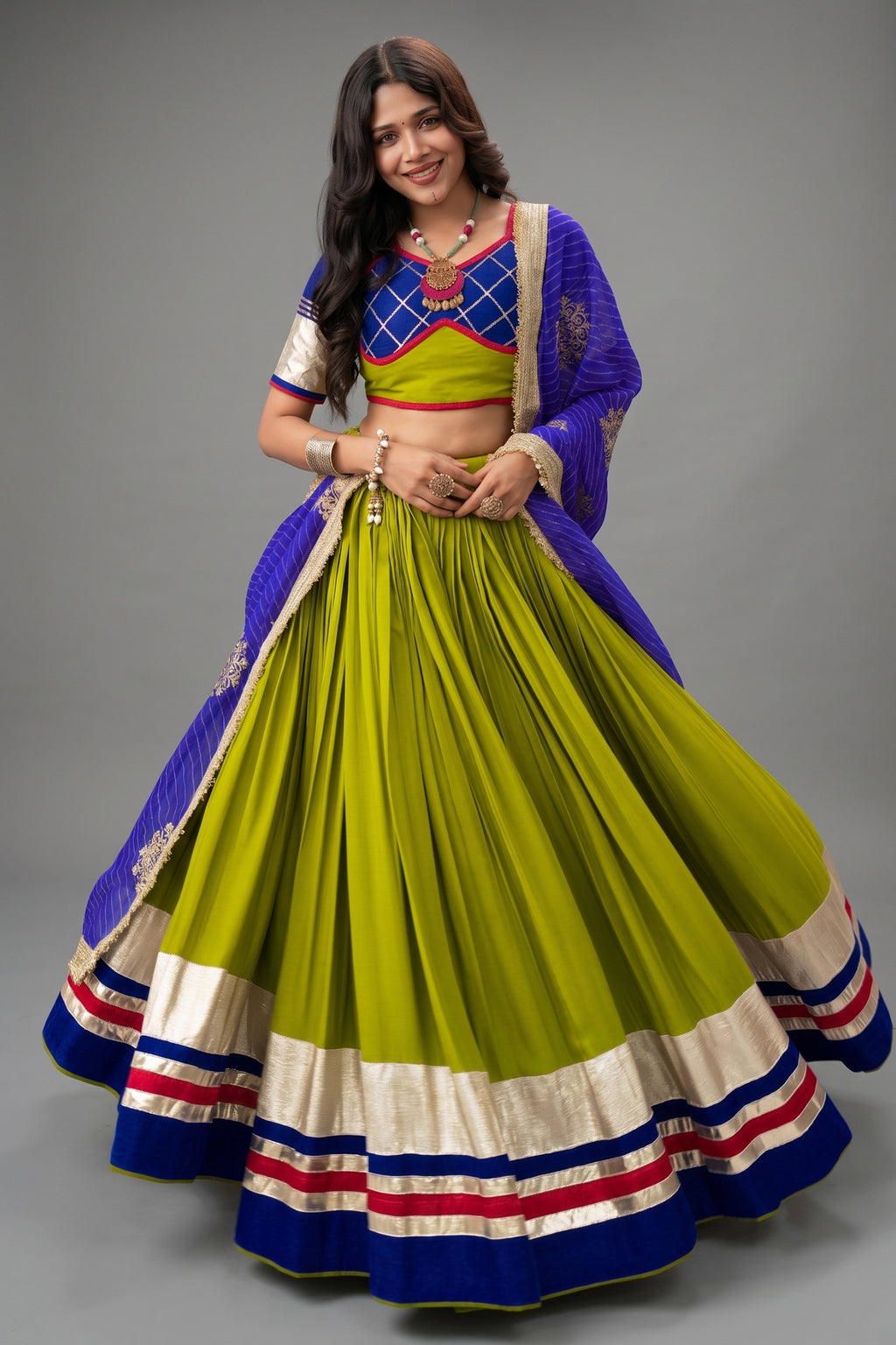 Parrot Green Cotton Chaniya Choli with Lace Work
