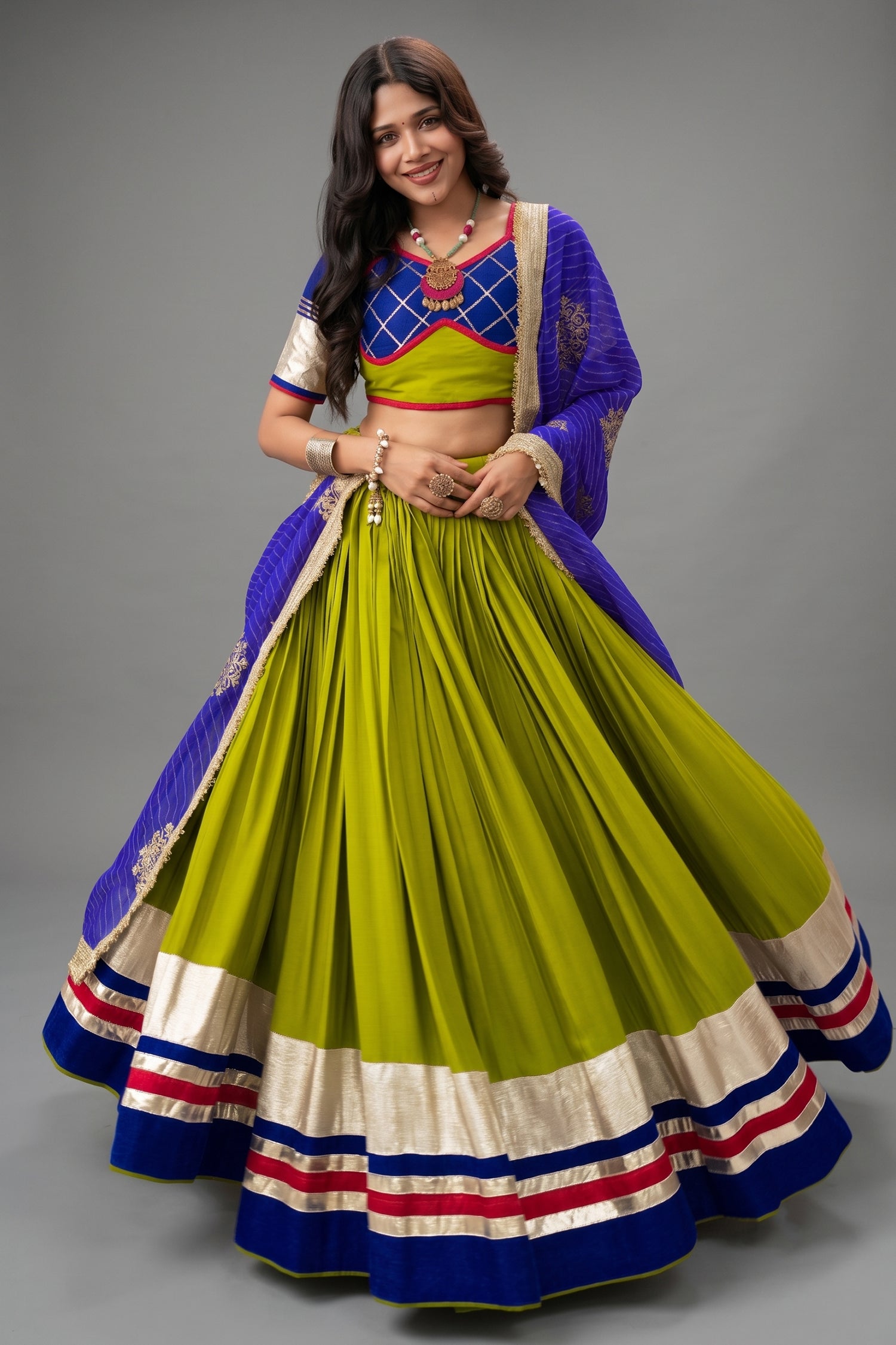 Parrot Green Cotton Chaniya Choli with Lace Work