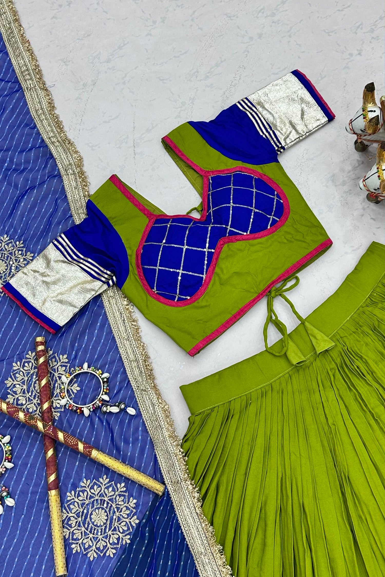 Parrot Green Cotton Chaniya Choli with Lace Work