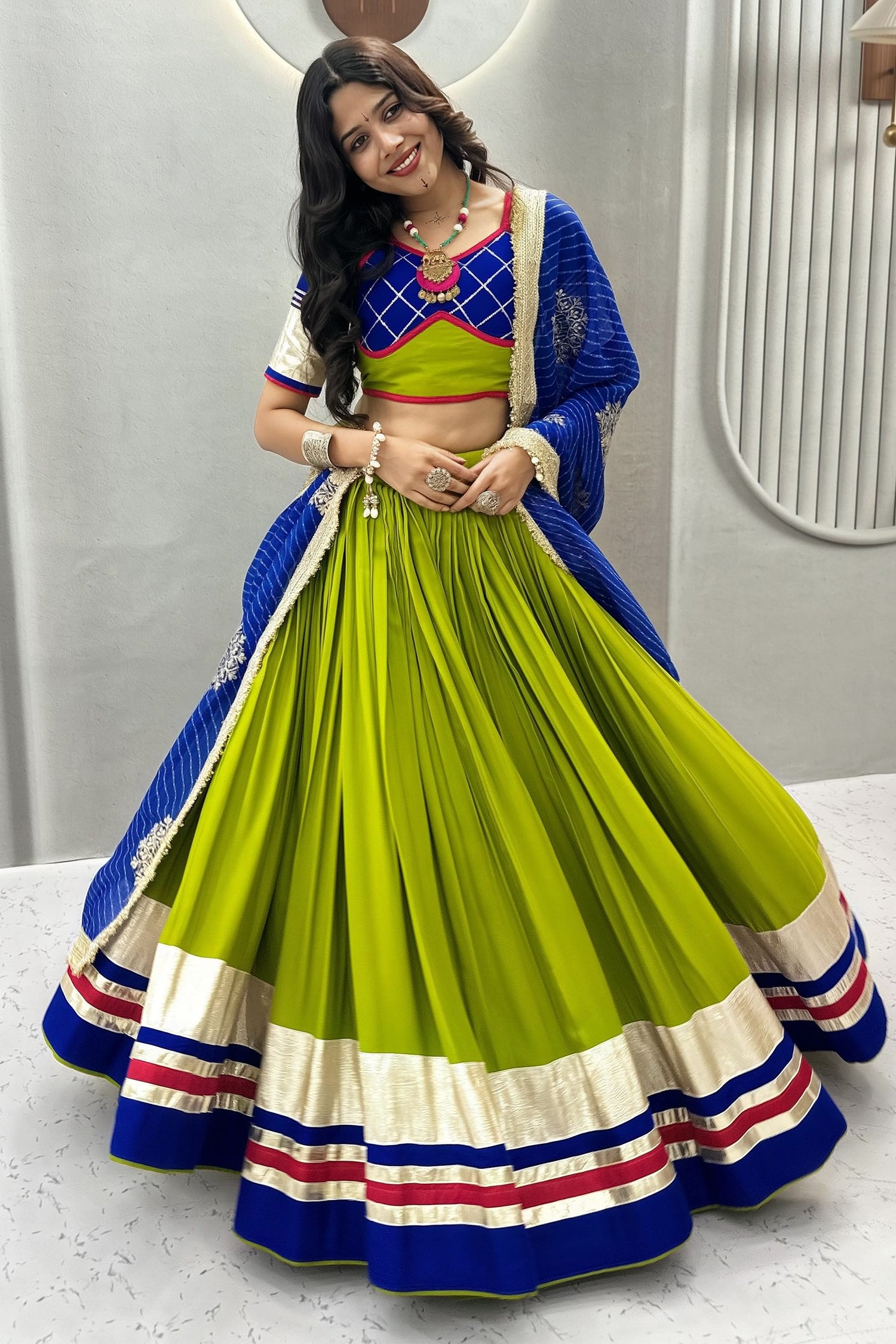 Parrot Green Cotton Chaniya Choli with Lace Work