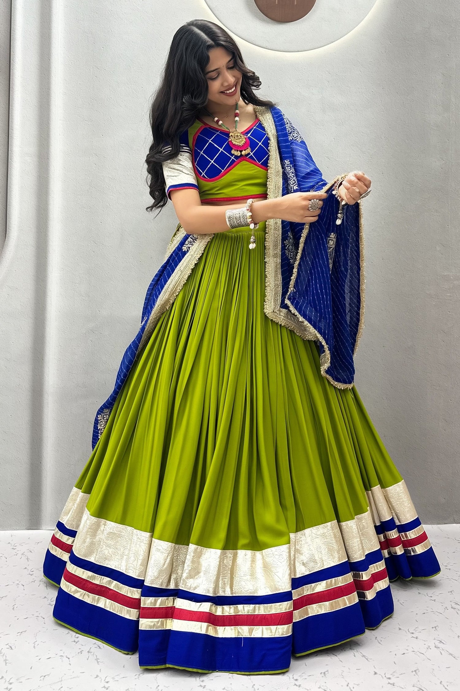 Parrot Green Cotton Chaniya Choli with Lace Work