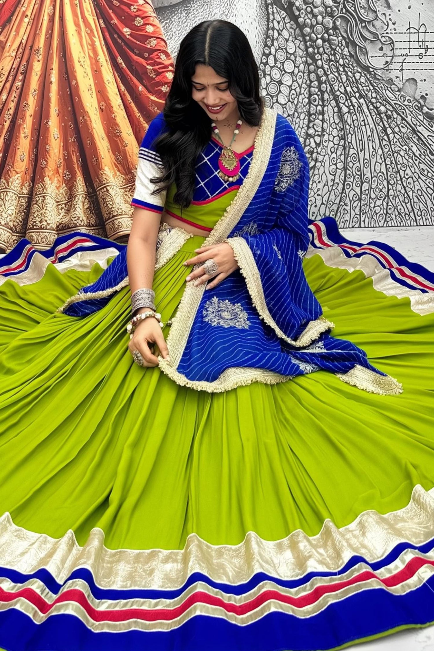 Parrot Green Cotton Chaniya Choli with Lace Work
