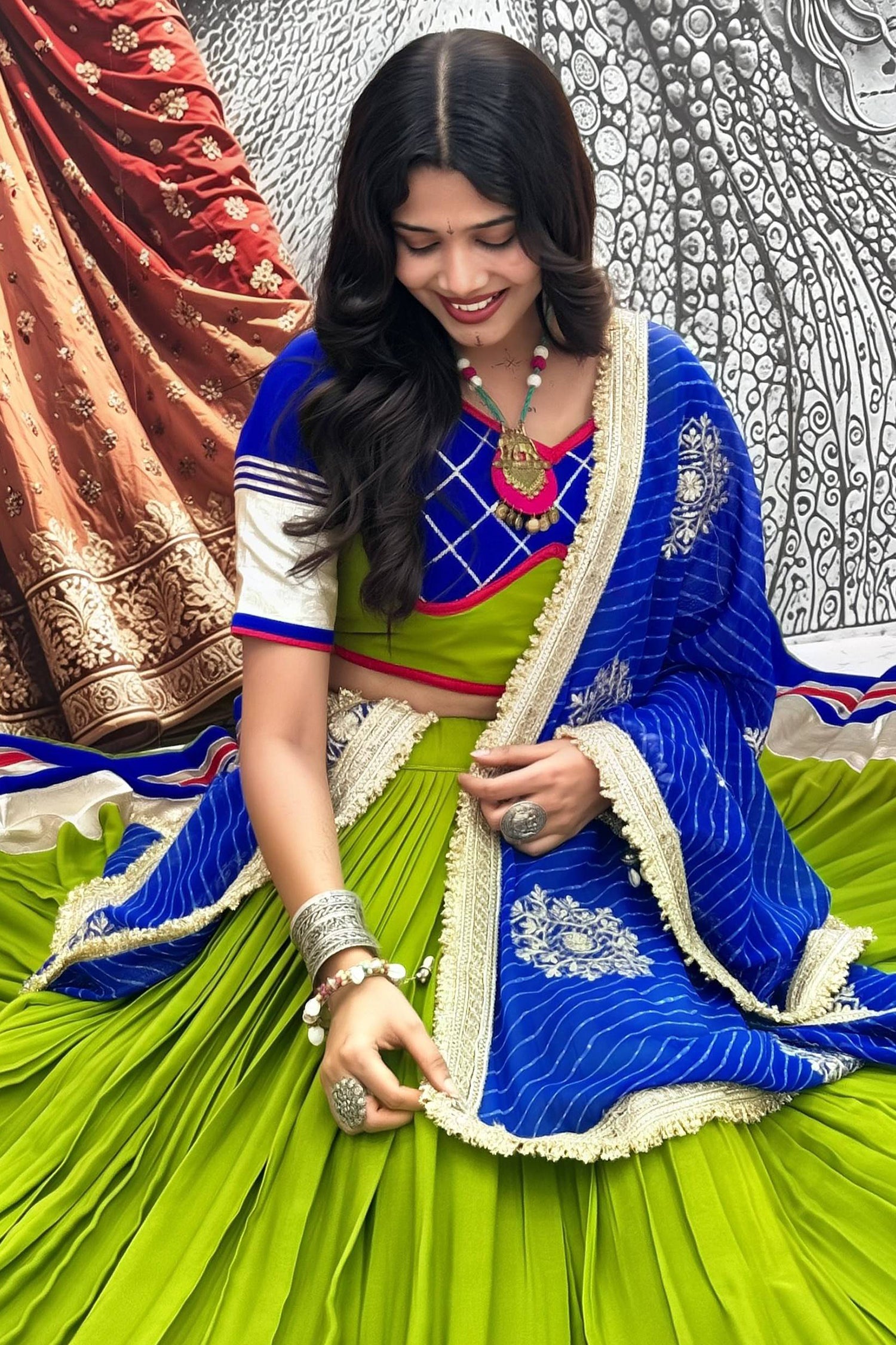 Parrot Green Cotton Chaniya Choli with Lace Work