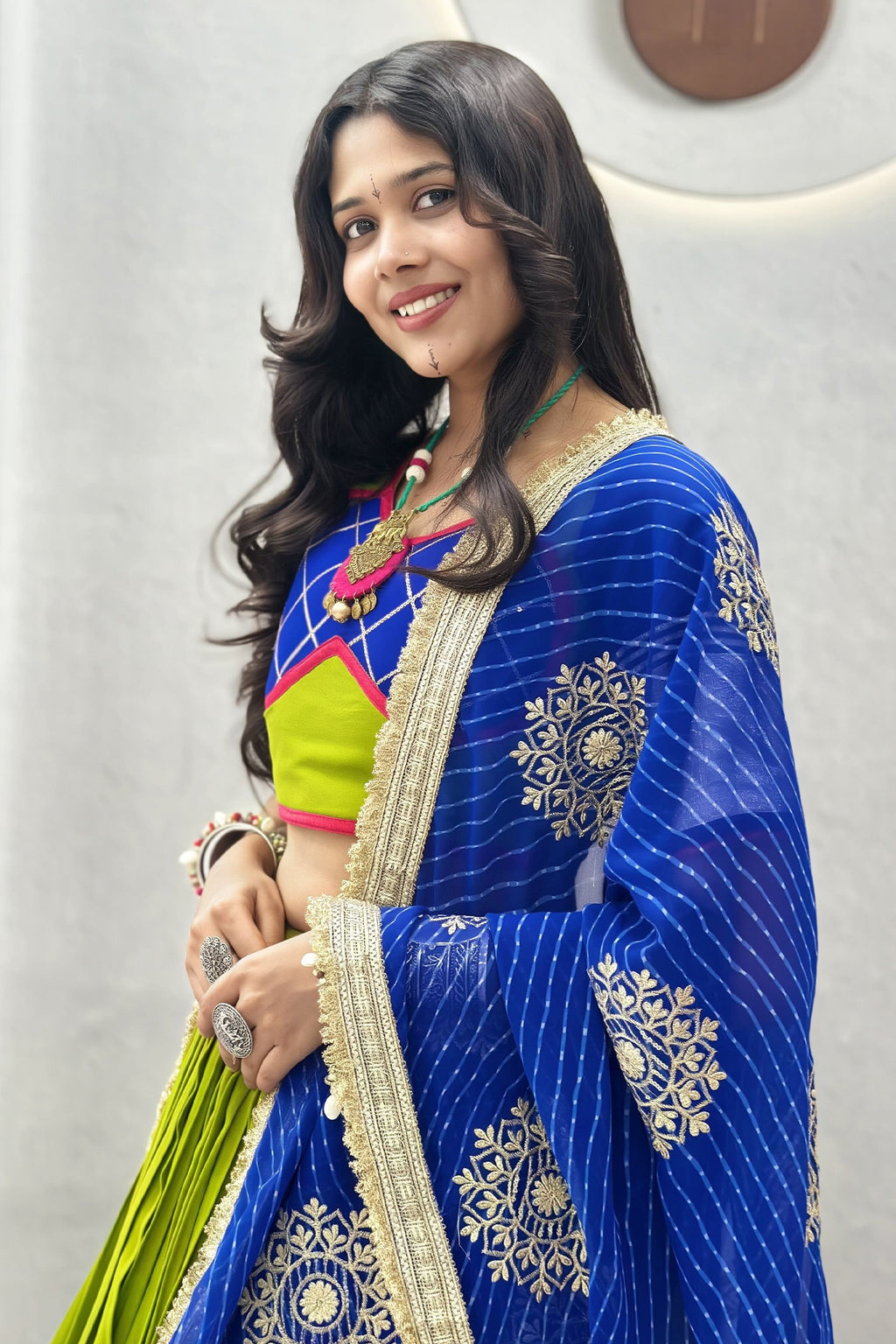 Parrot Green Cotton Chaniya Choli with Lace Work
