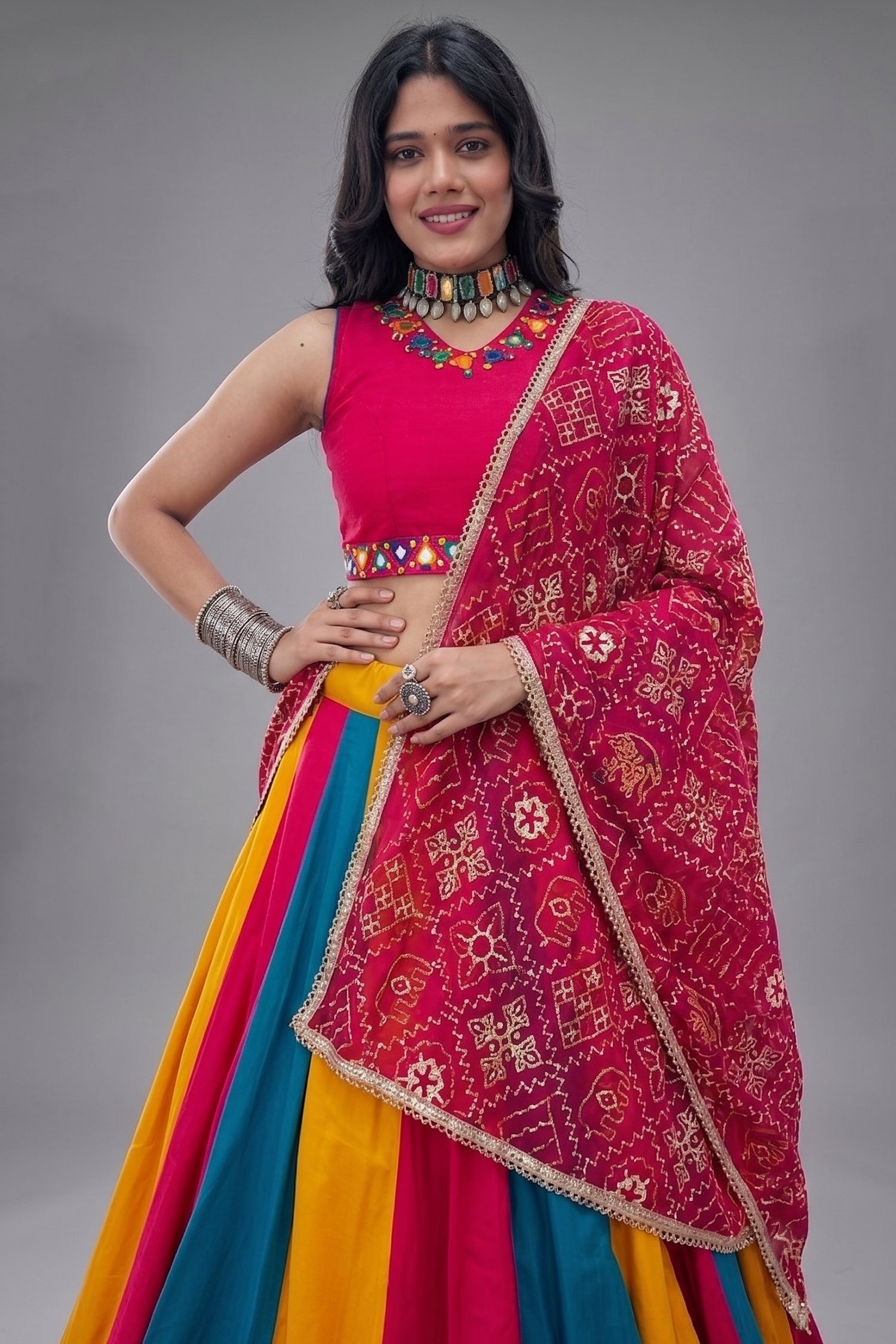 Multi Colored Cotton Mirror Worked Chaniya Choli Secondary image
