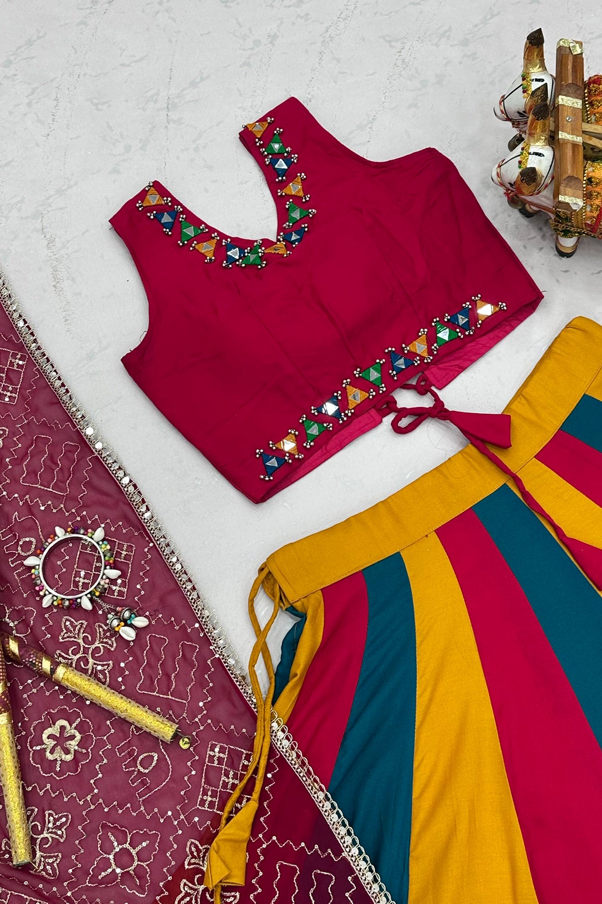 Multi Colored Cotton Mirror Worked Chaniya Choli