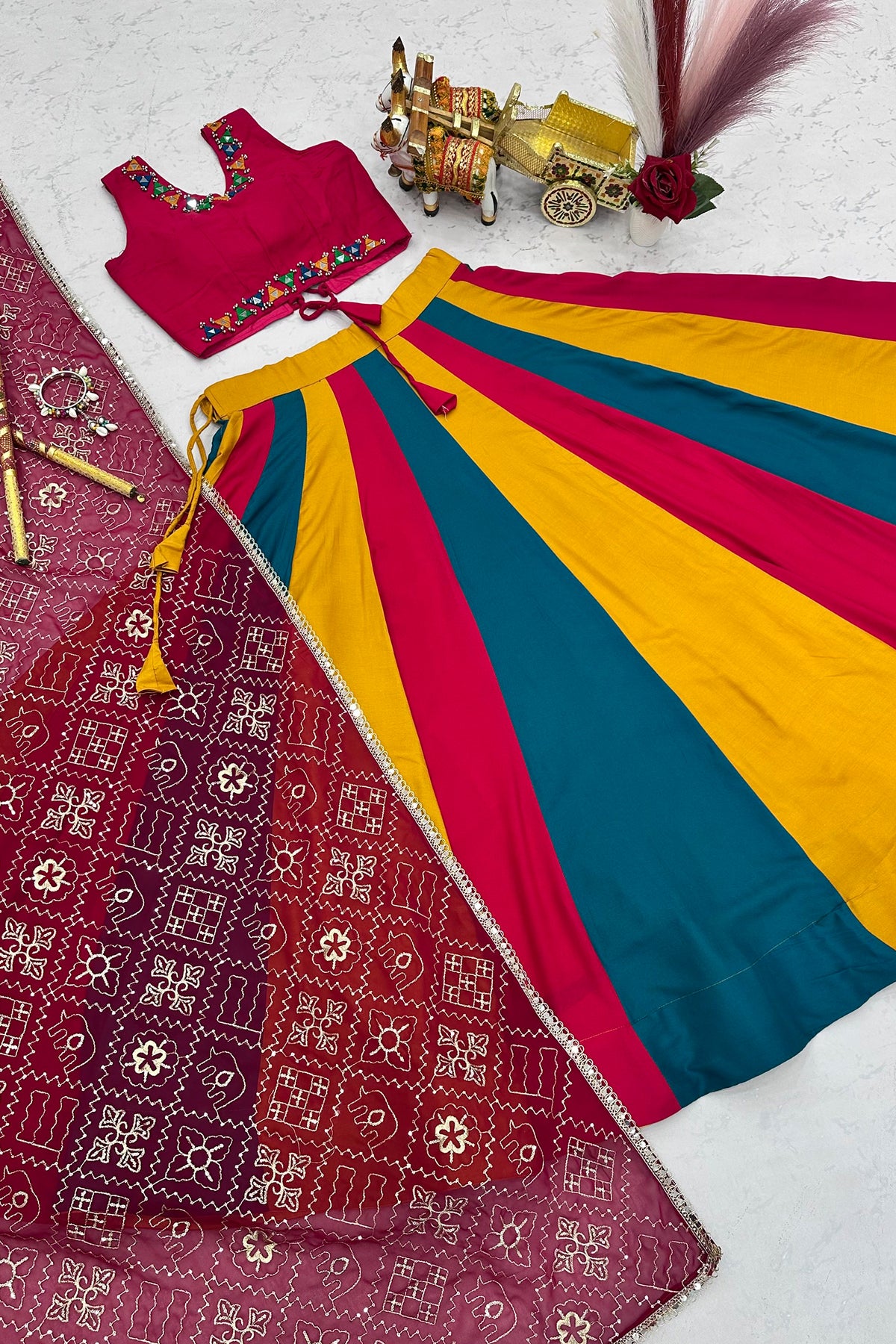 Multi Colored Cotton Mirror Worked Chaniya Choli