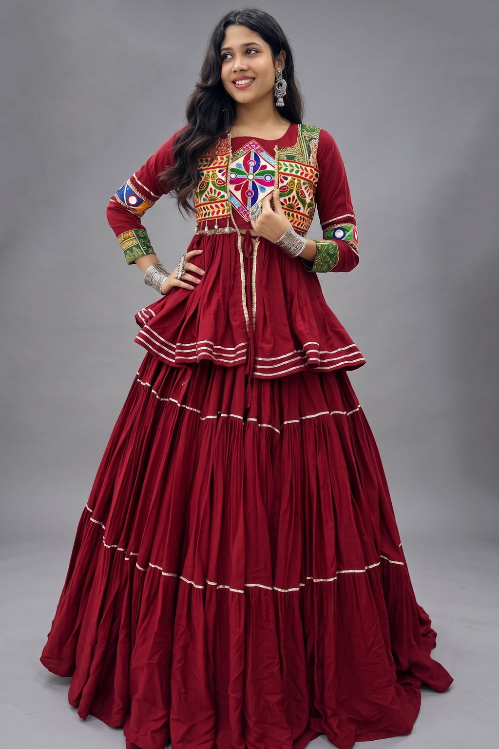 Maroon Cotton Kachchi Worked Peplum Chaniya Choli