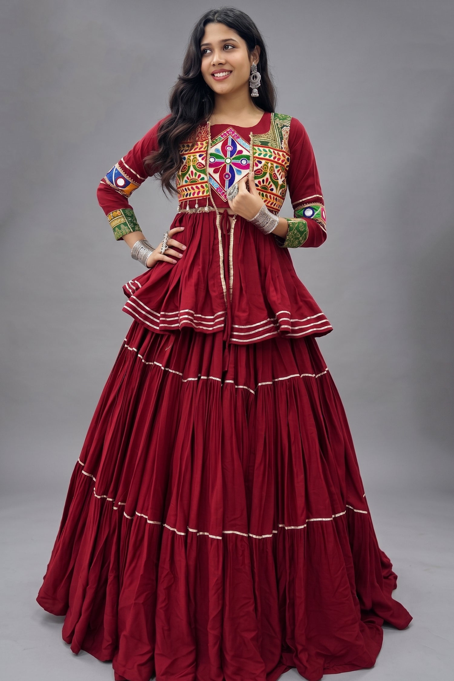 Maroon Cotton Kachchi Worked Peplum Chaniya Choli