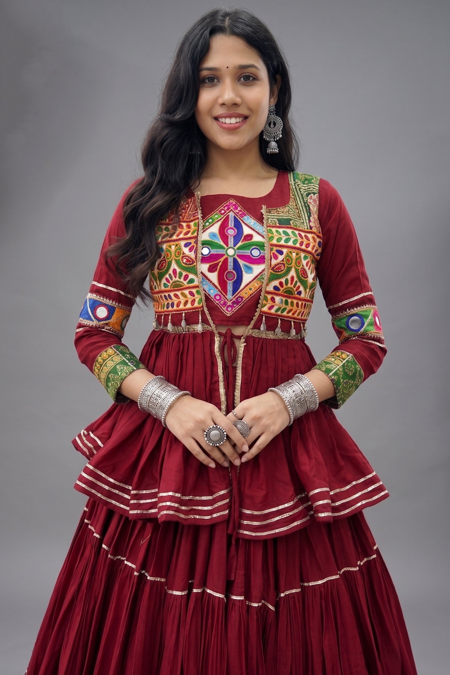Maroon Cotton Kachchi Worked Peplum Chaniya Choli