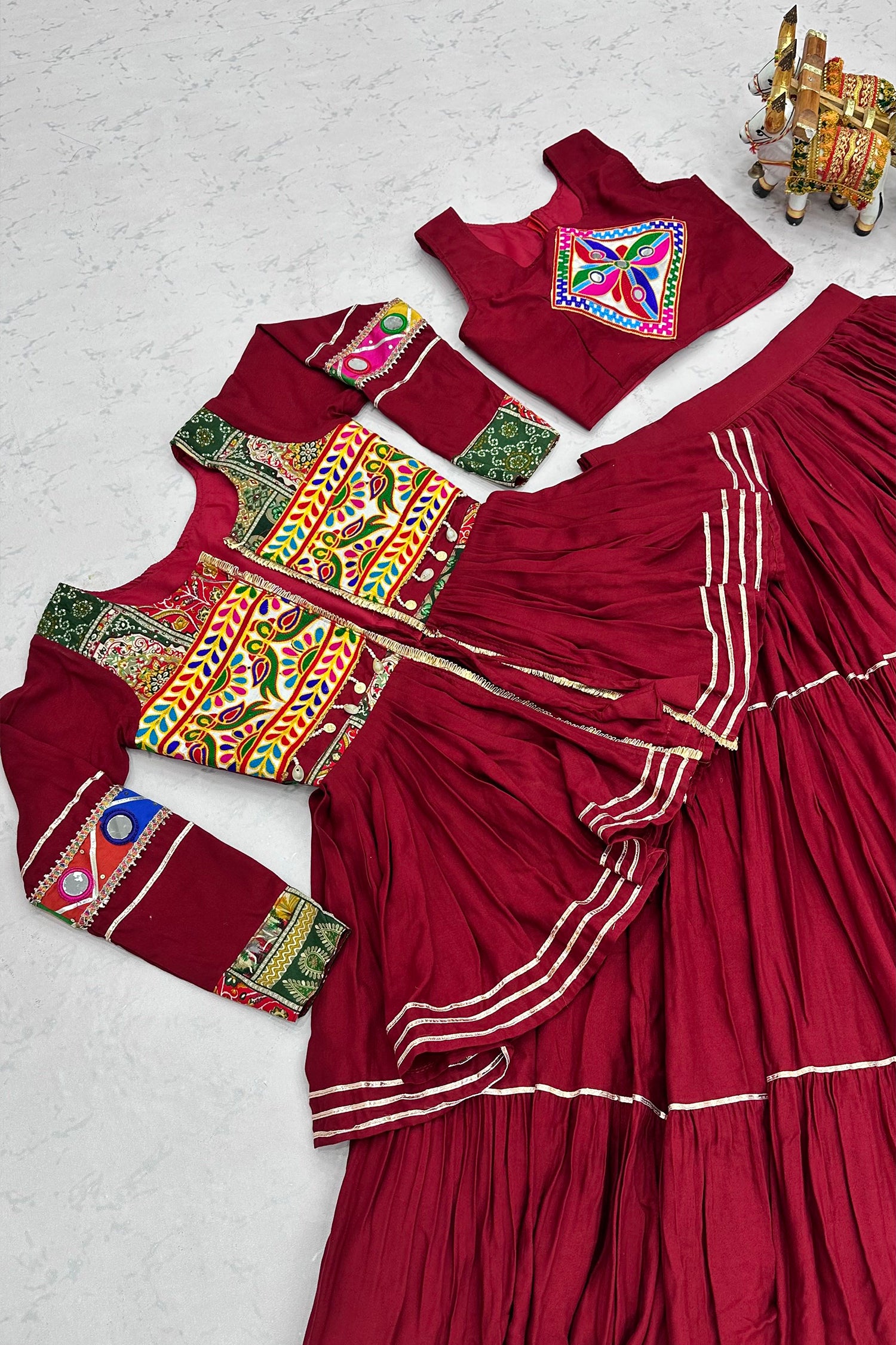 Maroon Cotton Kachchi Worked Peplum Chaniya Choli
