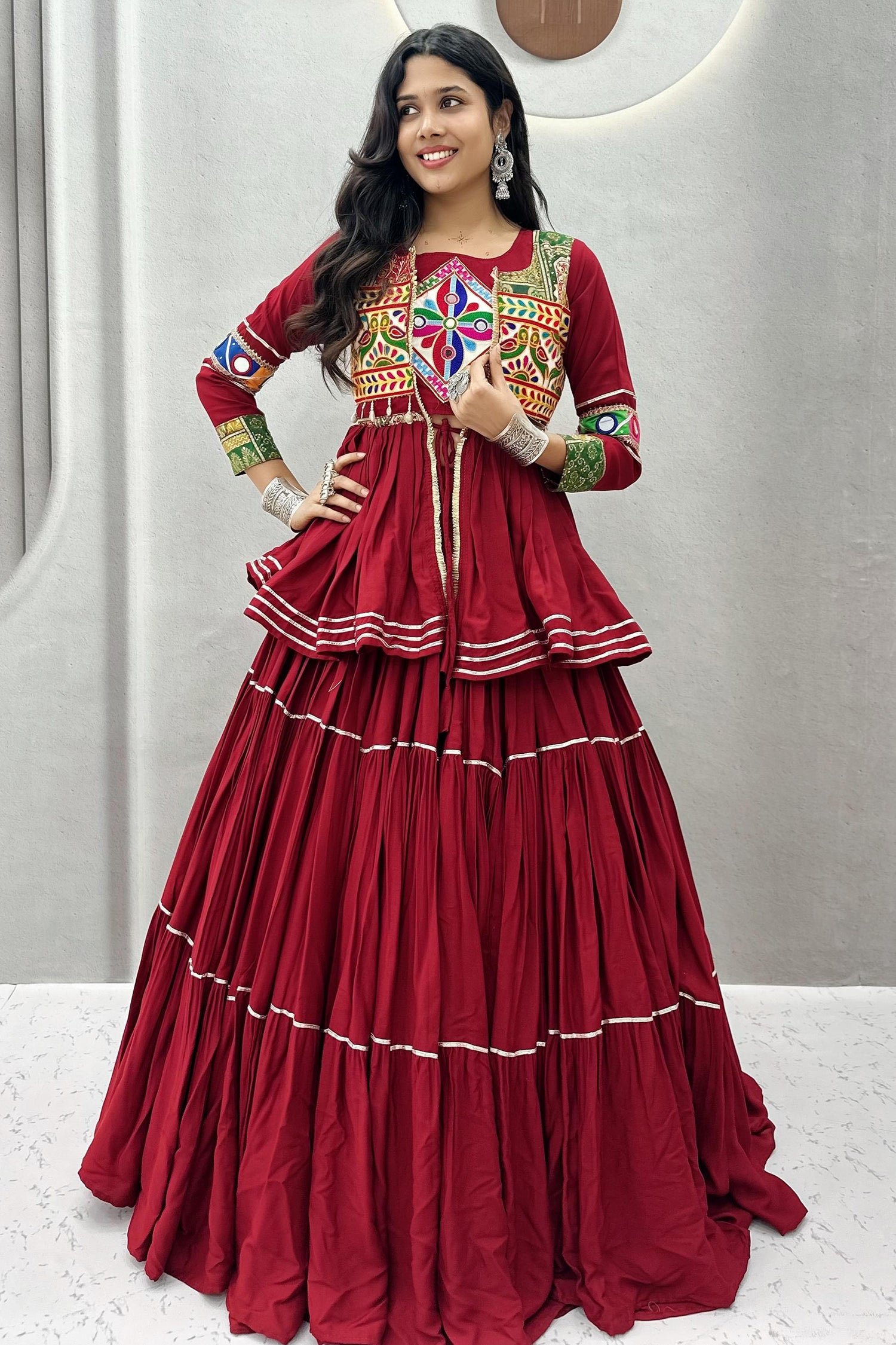 Maroon Cotton Kachchi Worked Peplum Chaniya Choli
