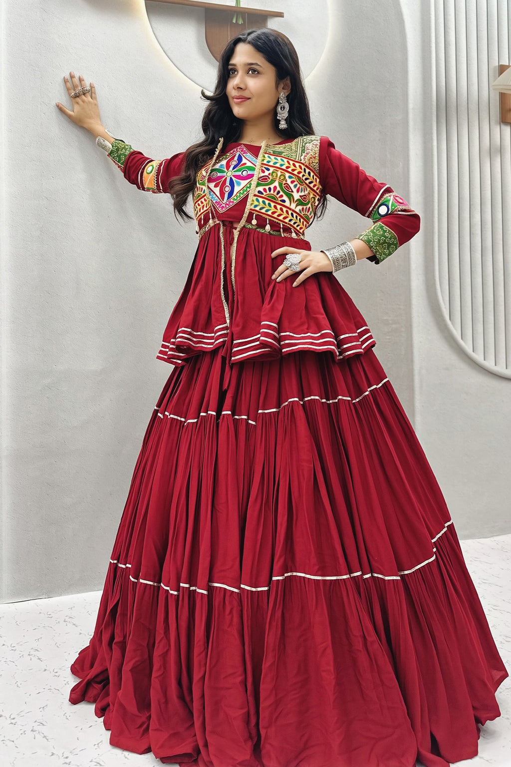 Maroon Cotton Kachchi Worked Peplum Chaniya Choli