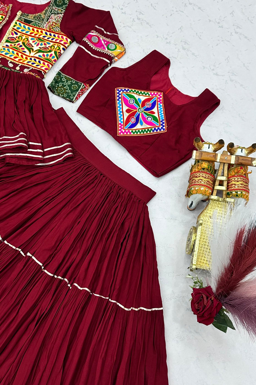 Maroon Cotton Kachchi Worked Peplum Chaniya Choli