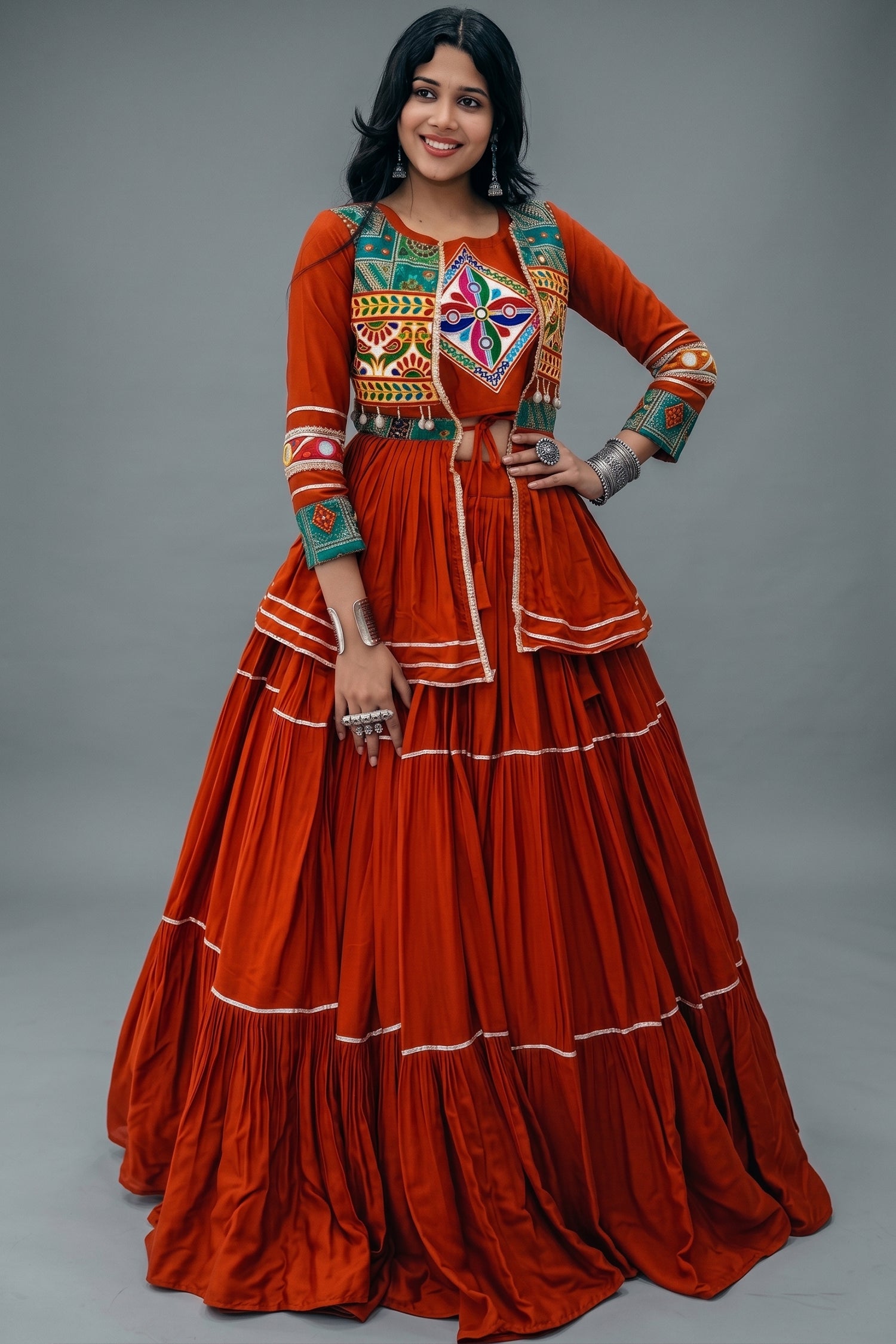Red Cotton Kachchi Worked Peplum Chaniya Choli