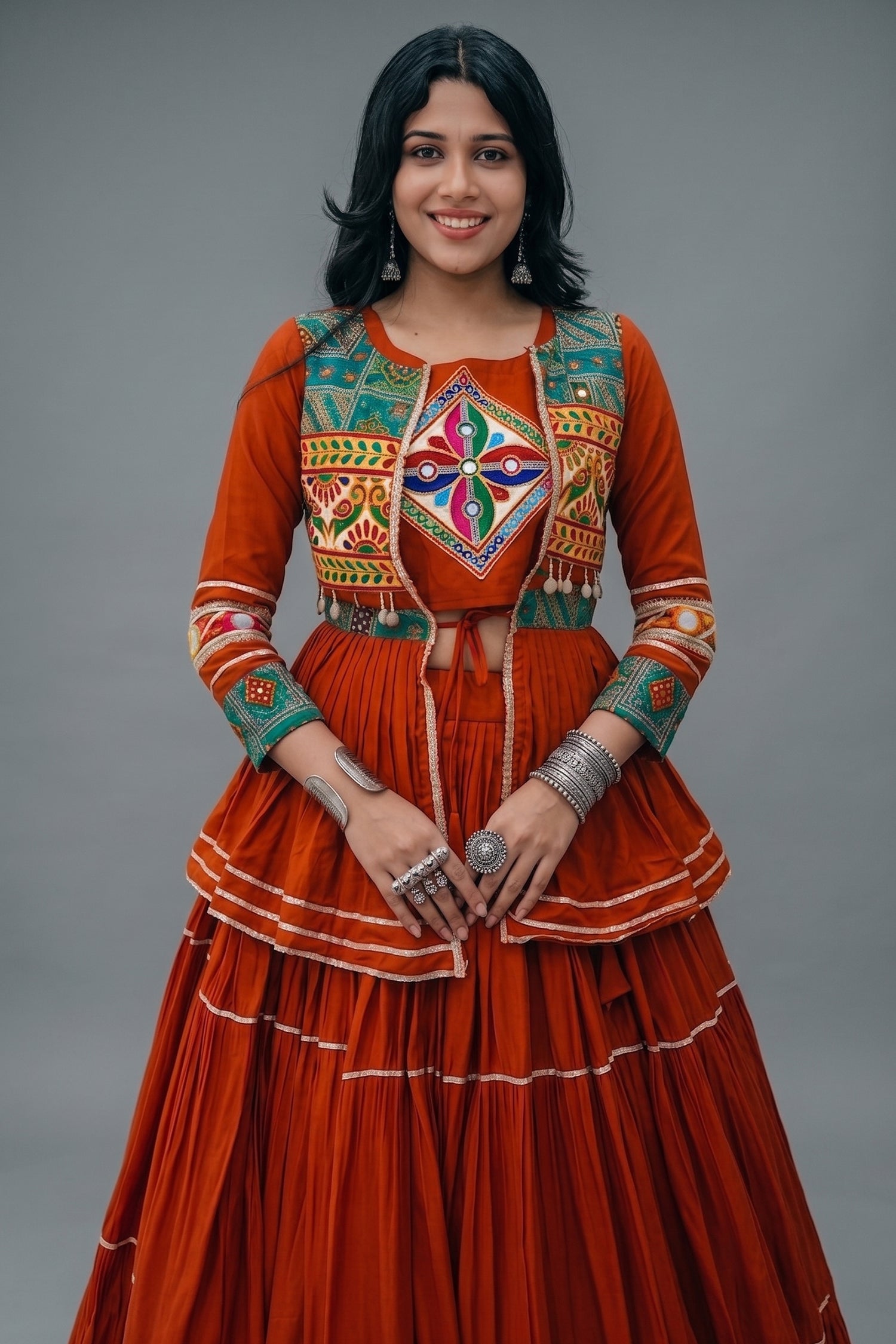 Red Cotton Kachchi Worked Peplum Chaniya Choli