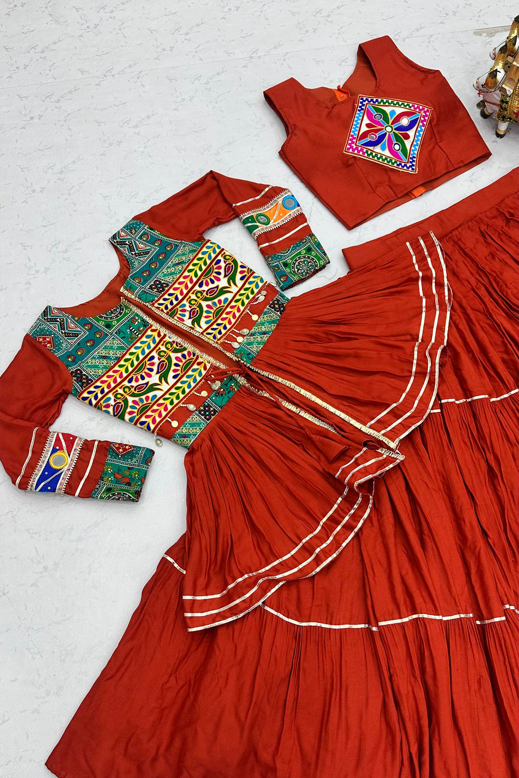 Red Cotton Kachchi Worked Peplum Chaniya Choli